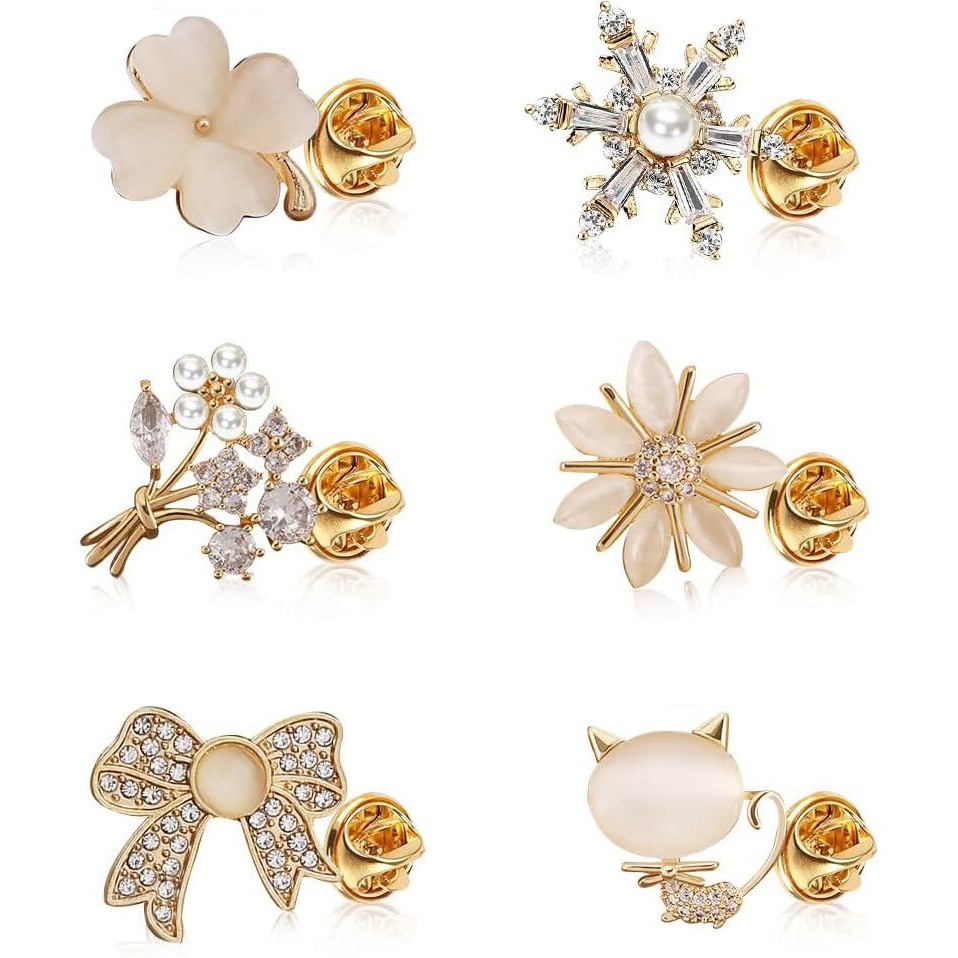SANNIDHI 6pcs Shirt Brooch Pin Saree Brooch for Women Pearl Brooch Buttons Rhinestone Cover Up Safety Pins for Shirt Shawl Sweater, Jewelry Set Gift for Women Girls