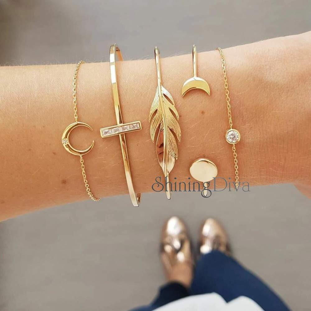 Shining Diva Fashion Set of 5 Stylish Multilayer Crystal Bangle Gold Plated Bracelet for Women and Girls (rr10673b)