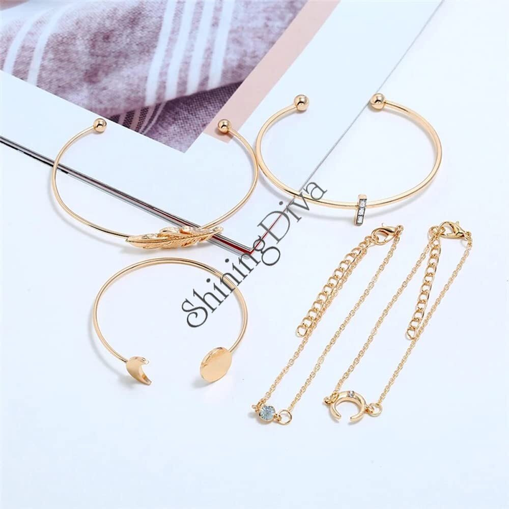 Shining Diva Fashion Set of 5 Stylish Multilayer Crystal Bangle Gold Plated Bracelet for Women and Girls (rr10673b)