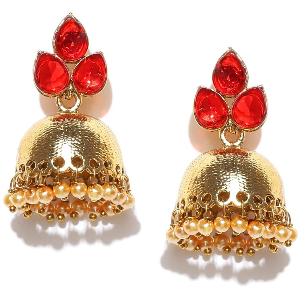 Zaveri Pearls Yellow Gold Jhumki Earrings for Women (Red)(ZPFK6426)