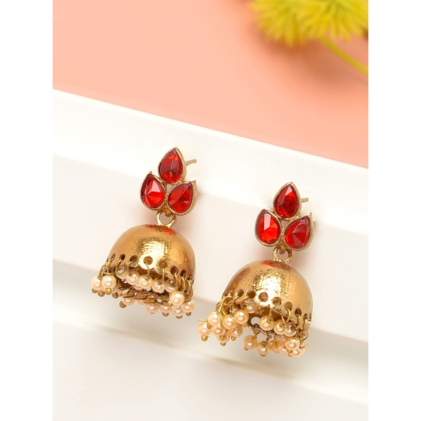 Zaveri Pearls Yellow Gold Jhumki Earrings for Women (Red)(ZPFK6426)