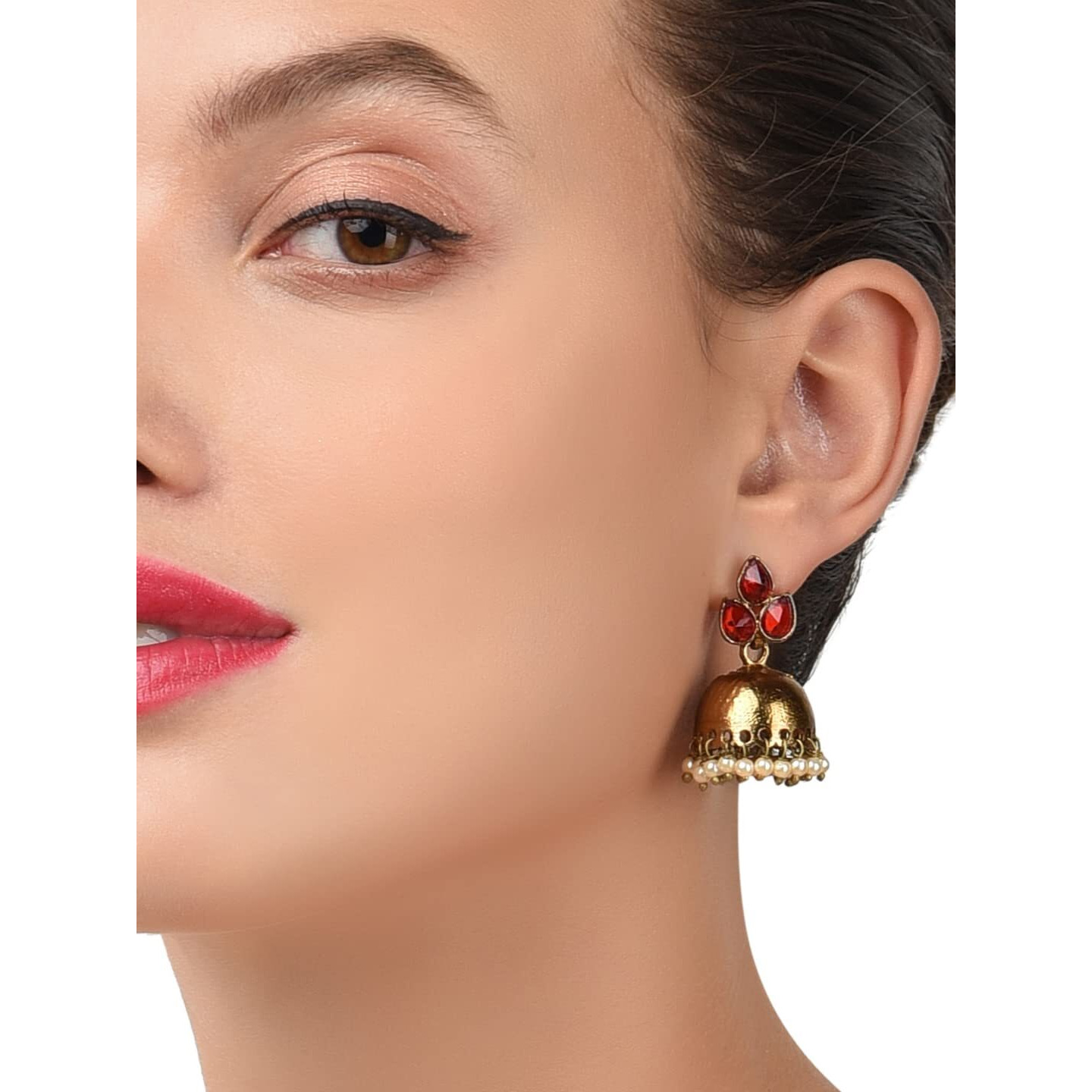 Zaveri Pearls Yellow Gold Jhumki Earrings for Women (Red)(ZPFK6426)