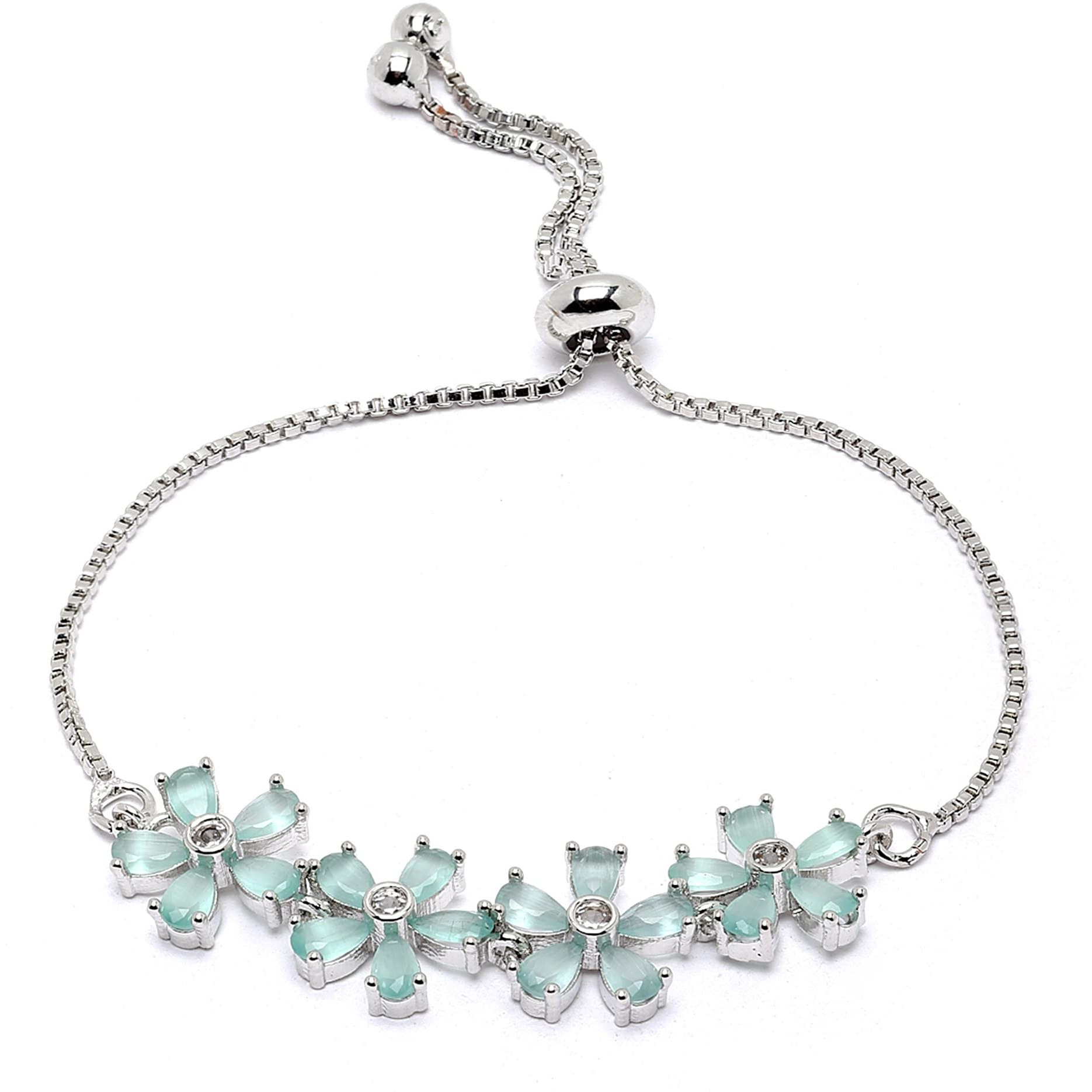 ZENEME Bracelet Rhodium-Plated Silver Toned American Diamond Studded Lime Green Floral Link Adjustable Bracelet For Women and Girls