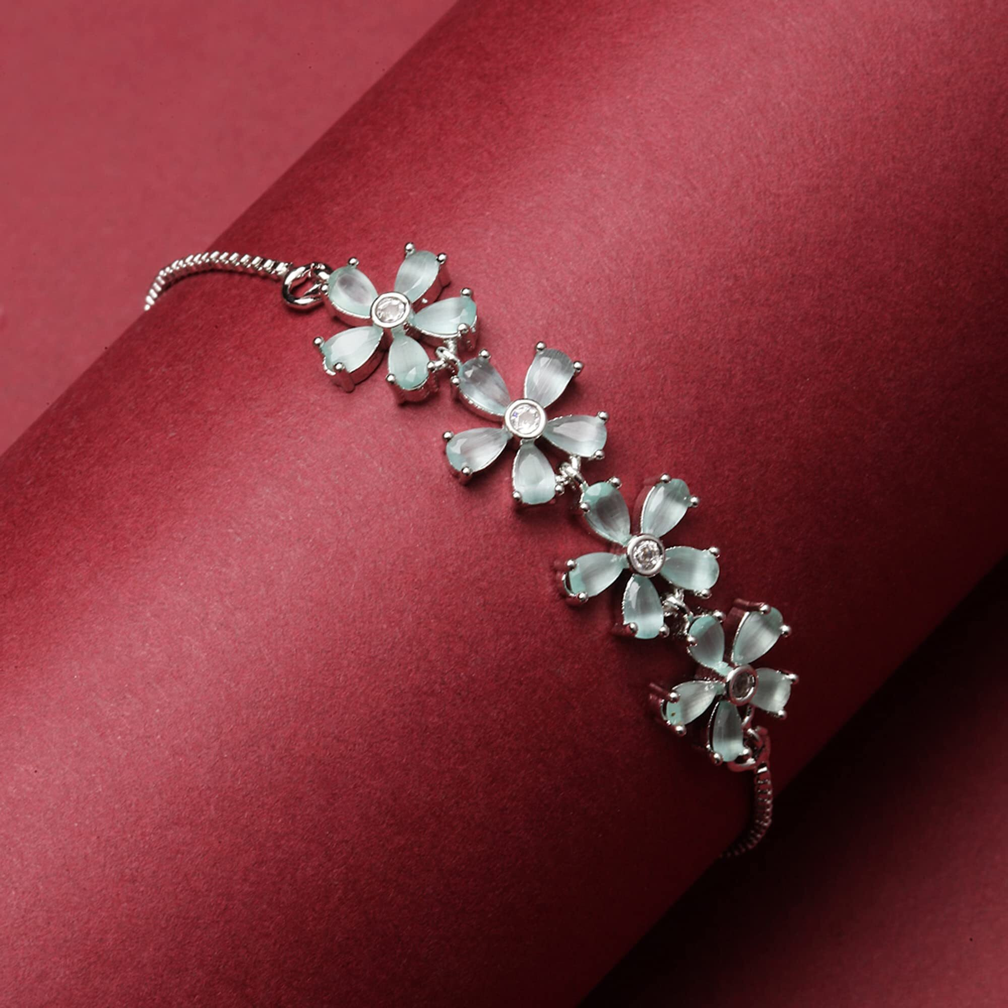 ZENEME Bracelet Rhodium-Plated Silver Toned American Diamond Studded Lime Green Floral Link Adjustable Bracelet For Women and Girls