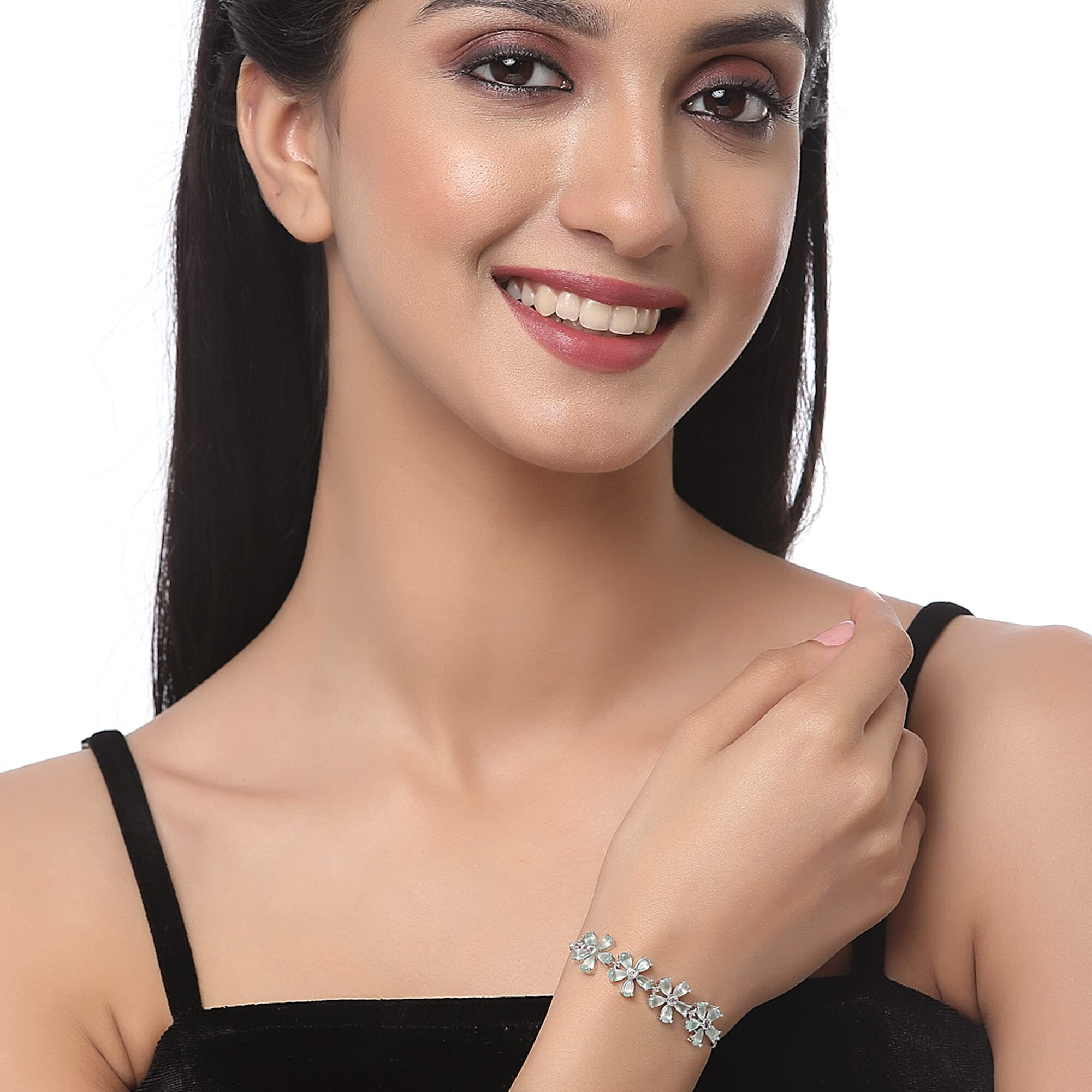 ZENEME Bracelet Rhodium-Plated Silver Toned American Diamond Studded Lime Green Floral Link Adjustable Bracelet For Women and Girls