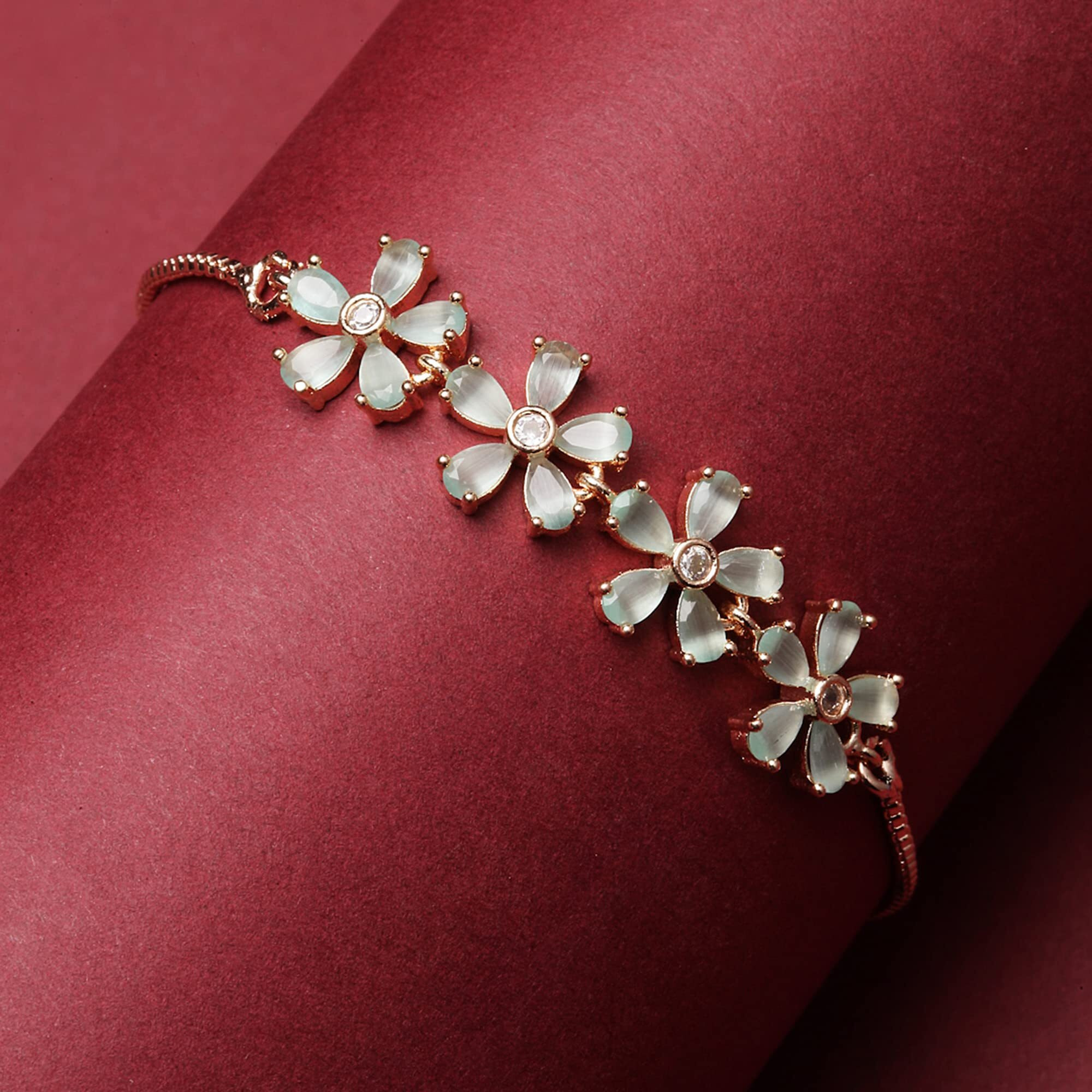 ZENEME Bracelet Rose Gold Plated American Diamond Studded Lime Green Floral Link Adjustable Bracelet For Women and Girls