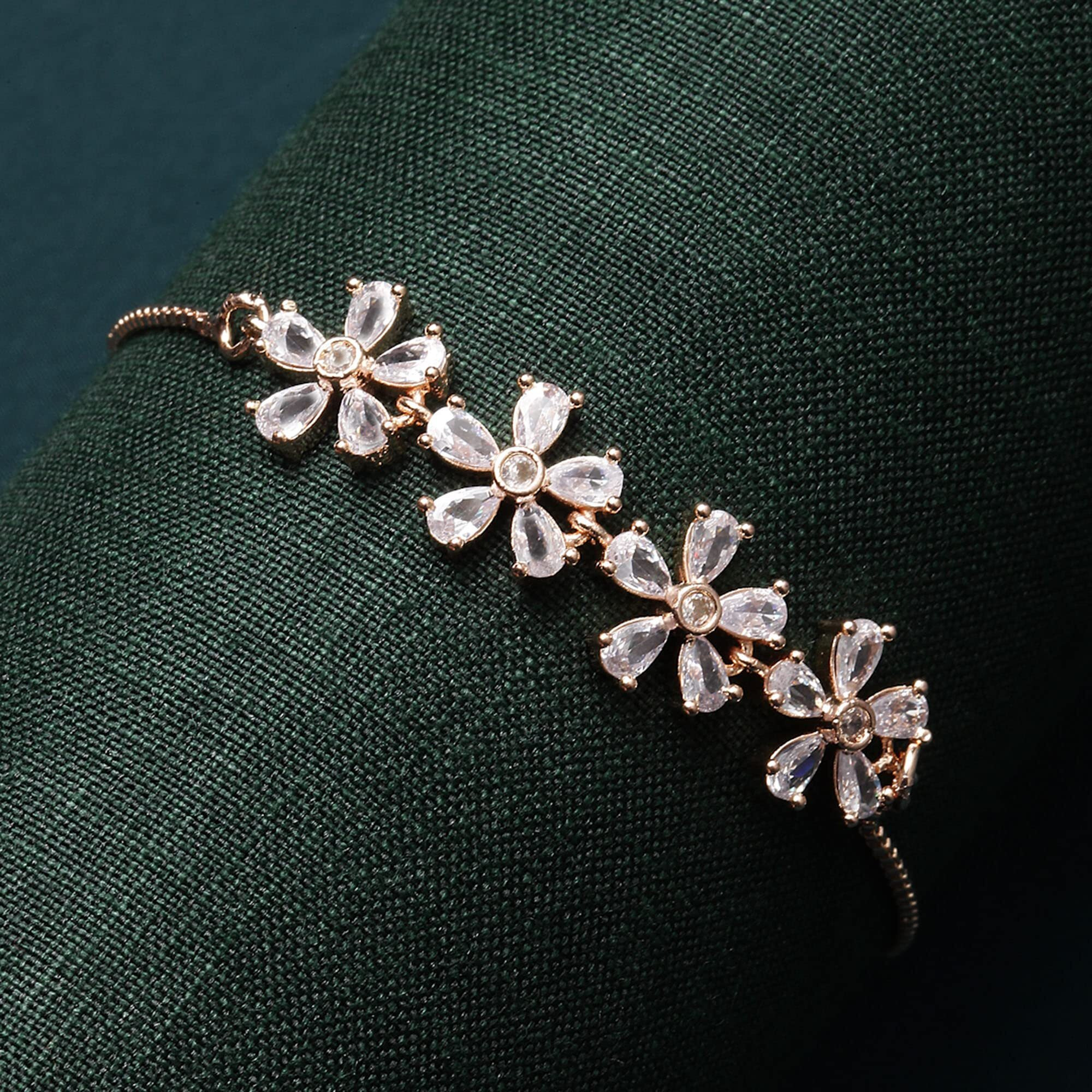ZENEME Bracelet Rose Gold Plated Stylish Flower Shaped Crystal American Diamond Charm Bracelet For Women and Girls