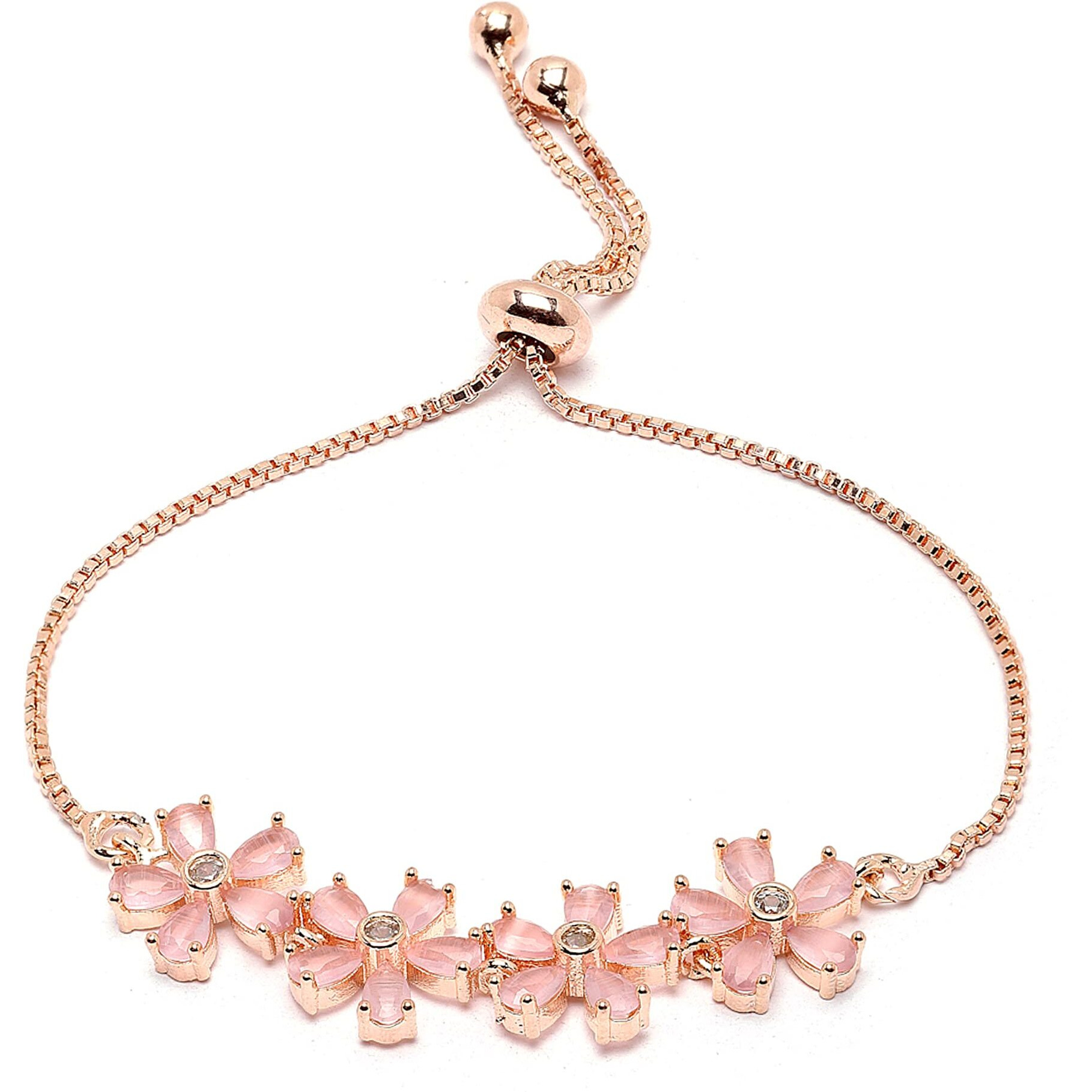 ZENEME Bracelet Rose Gold Plated American Diamond Studded Pink Floral Link Adjustable Bracelet For Women and Girls