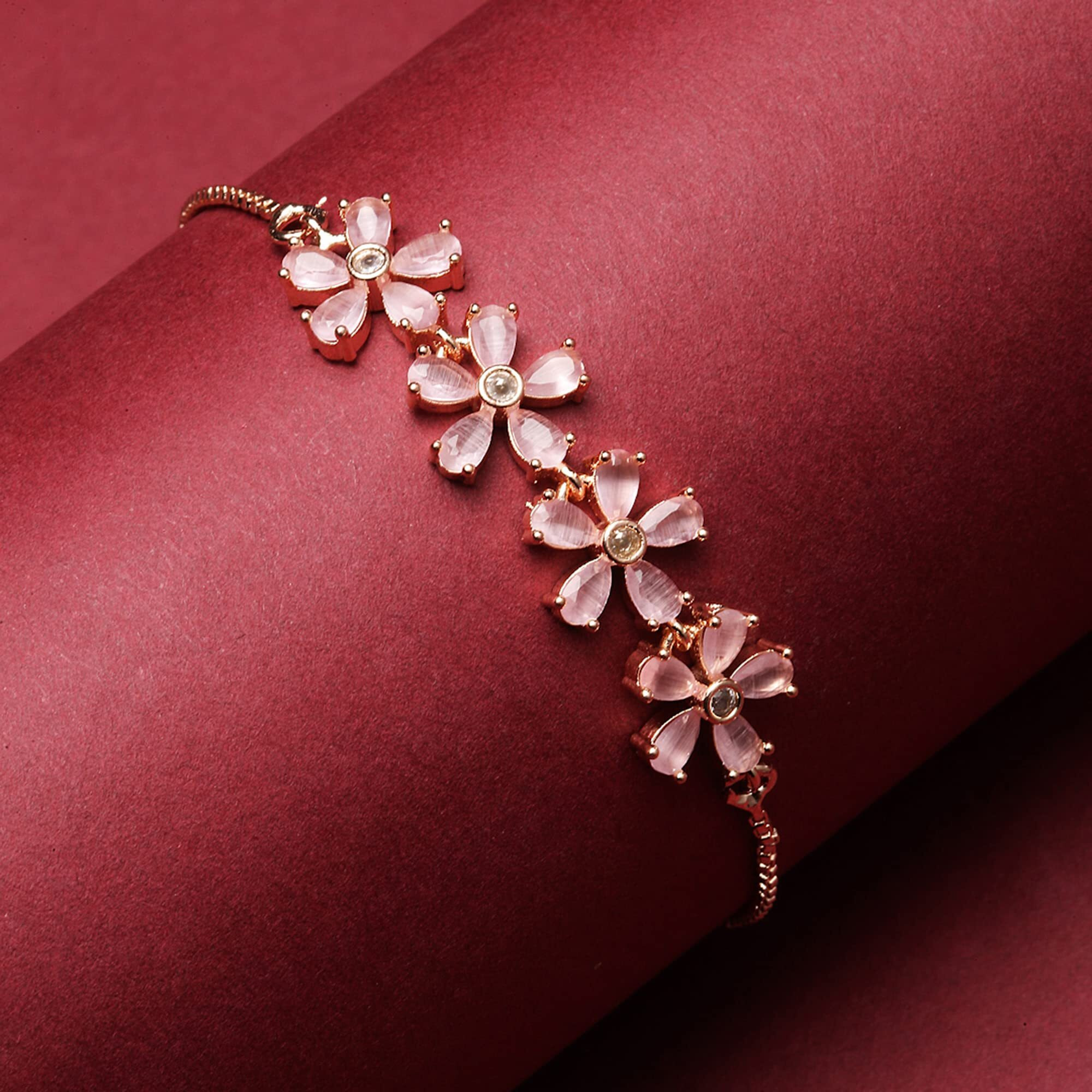 ZENEME Bracelet Rose Gold Plated American Diamond Studded Pink Floral Link Adjustable Bracelet For Women and Girls