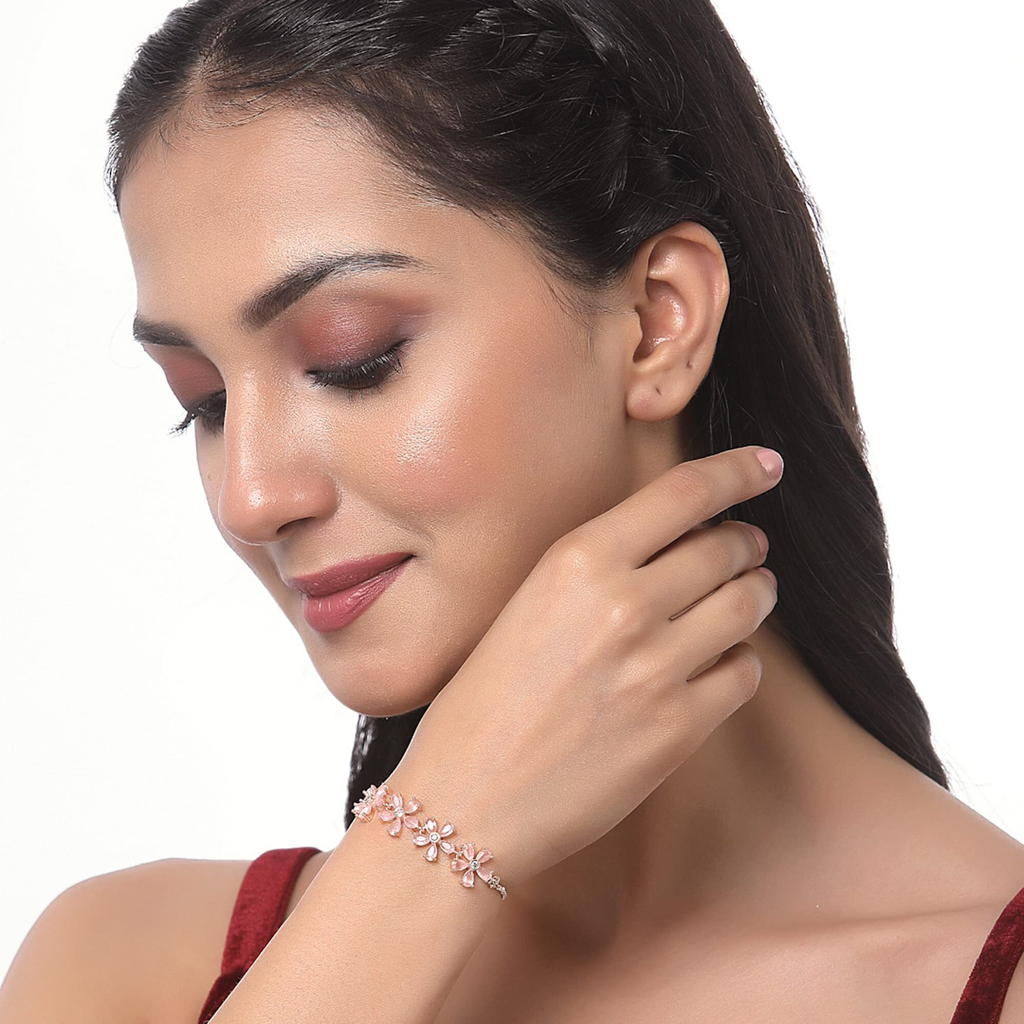 ZENEME Bracelet Rose Gold Plated American Diamond Studded Pink Floral Link Adjustable Bracelet For Women and Girls