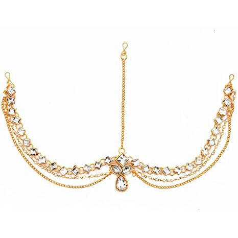 Handicraft Kottage Latest Hair Jewelry Traditional Gold Pearl Stylish Chain Mathapatti Maang Tikka Jewellery (Style14)