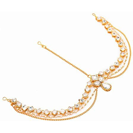 Handicraft Kottage Latest Hair Jewelry Traditional Gold Pearl Stylish Chain Mathapatti Maang Tikka Jewellery (Style14)