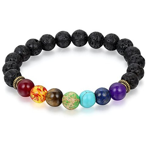 Young & Forever Gift 8 mm Lava Beads 7 Chakra Black Healing Reiki Bracelet for Men and Women