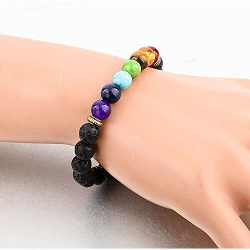 Young & Forever Gift 8 mm Lava Beads 7 Chakra Black Healing Reiki Bracelet for Men and Women