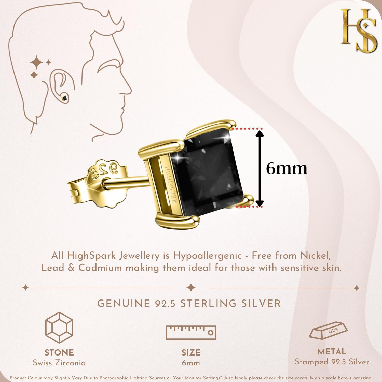 HIGHSPARK 925 Silver Mens Square Black Solitaire Stud in Gold Finish | 92.5 Sterling Silver and Diamond like Brilliance Sparkling Zirconia | Single Stud for Men - Gold Black 6mm