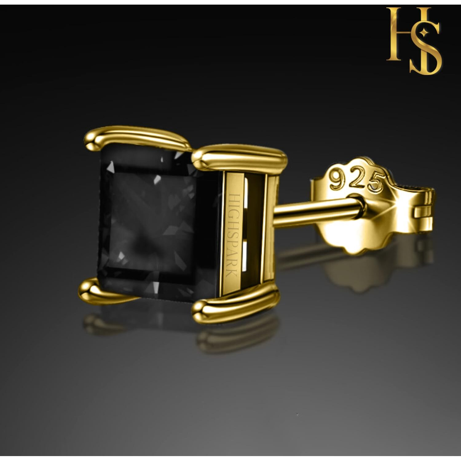 HIGHSPARK 925 Silver Mens Square Black Solitaire Stud in Gold Finish | 92.5 Sterling Silver and Diamond like Brilliance Sparkling Zirconia | Single Stud for Men - Gold Black 6mm