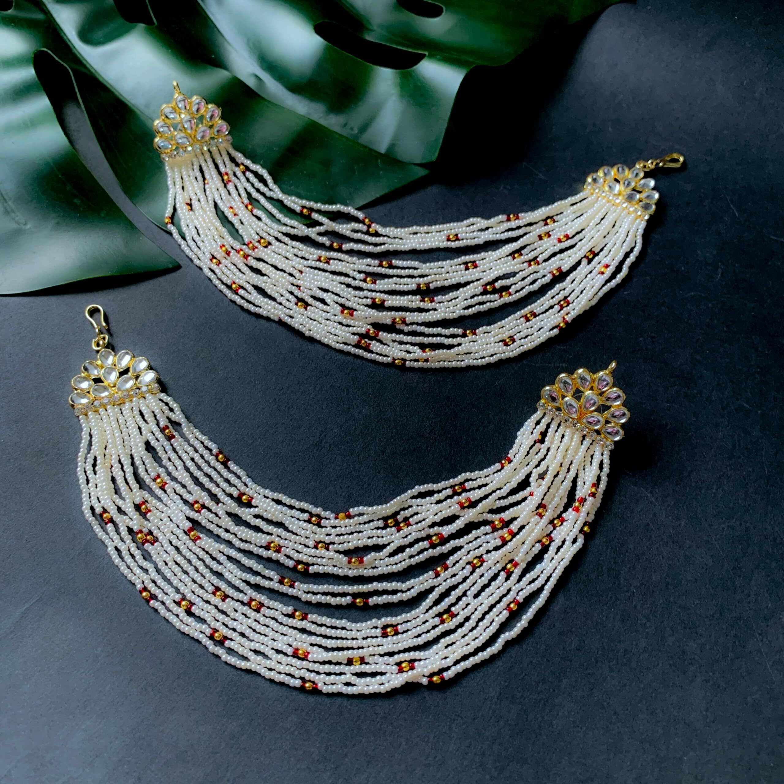 I Jewels 18K Gold Plated Multi Strand Earring with Ear Chain Embellished With Pearl For Women/Girls (E2882) (Maroon)