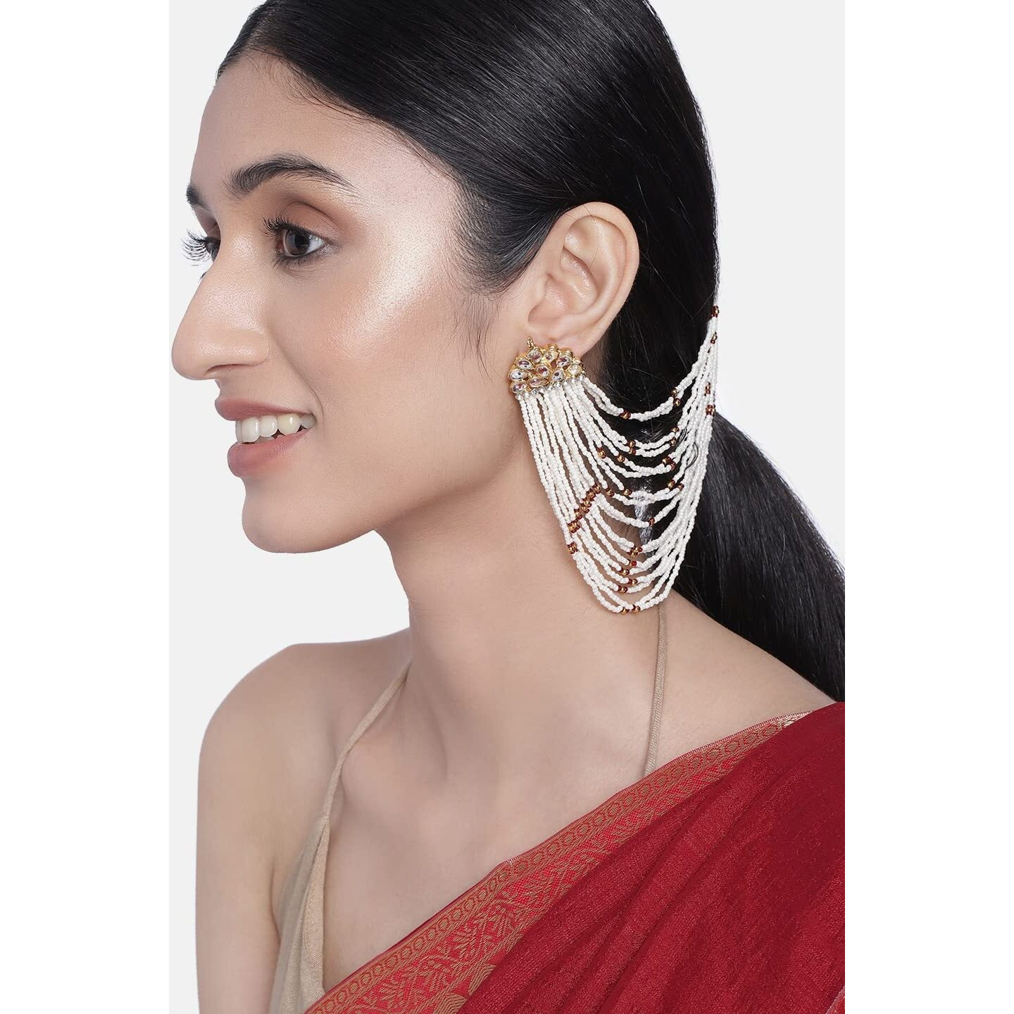 I Jewels 18K Gold Plated Multi Strand Earring with Ear Chain Embellished With Pearl For Women/Girls (E2882) (Maroon)