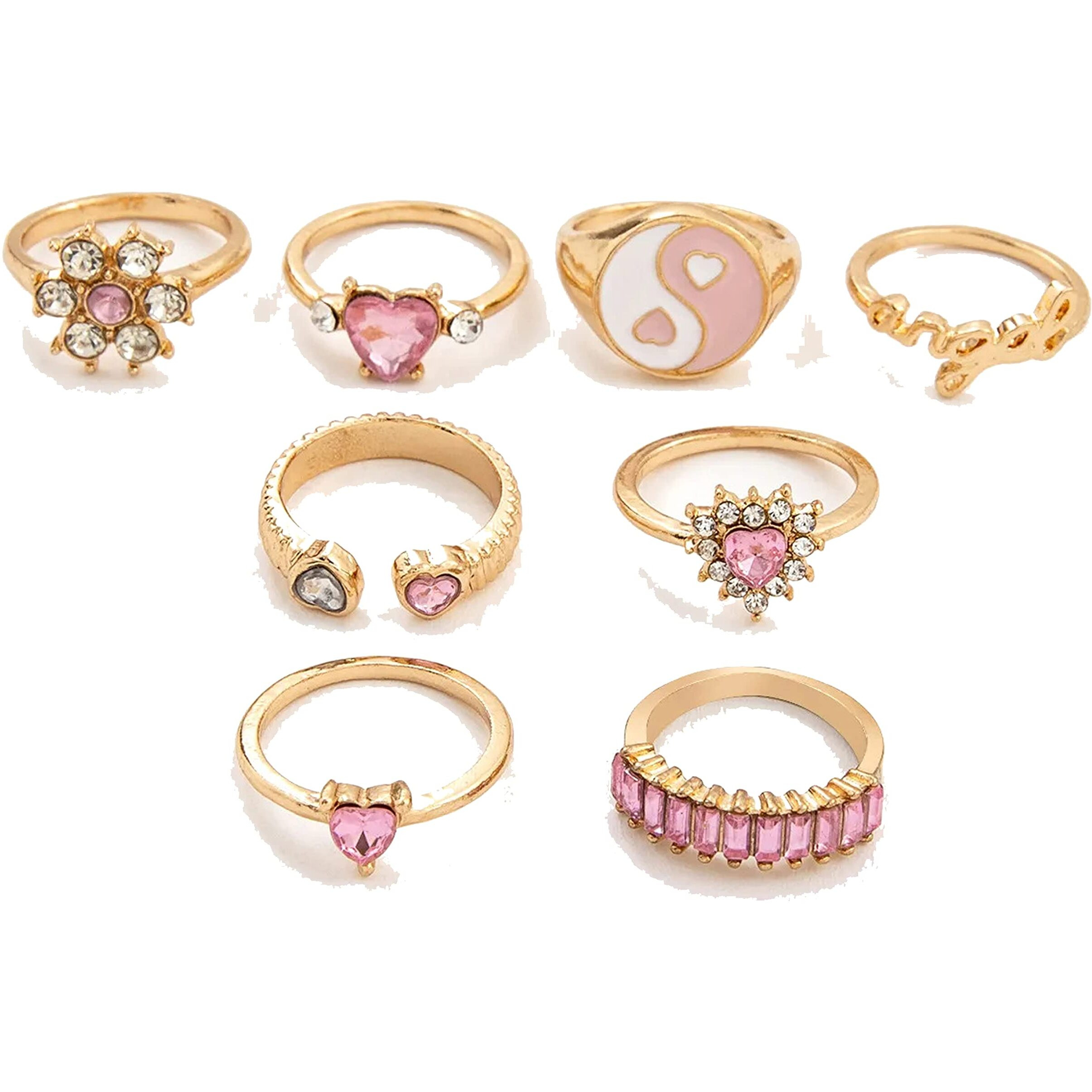Fashion Frill Ring For Girls Golden Ring AD Studded Heart Multi Designs Gold Plated Boho Ring Finger Ring Set For Women Girls Jewellery Valentine Ring Combo Set
