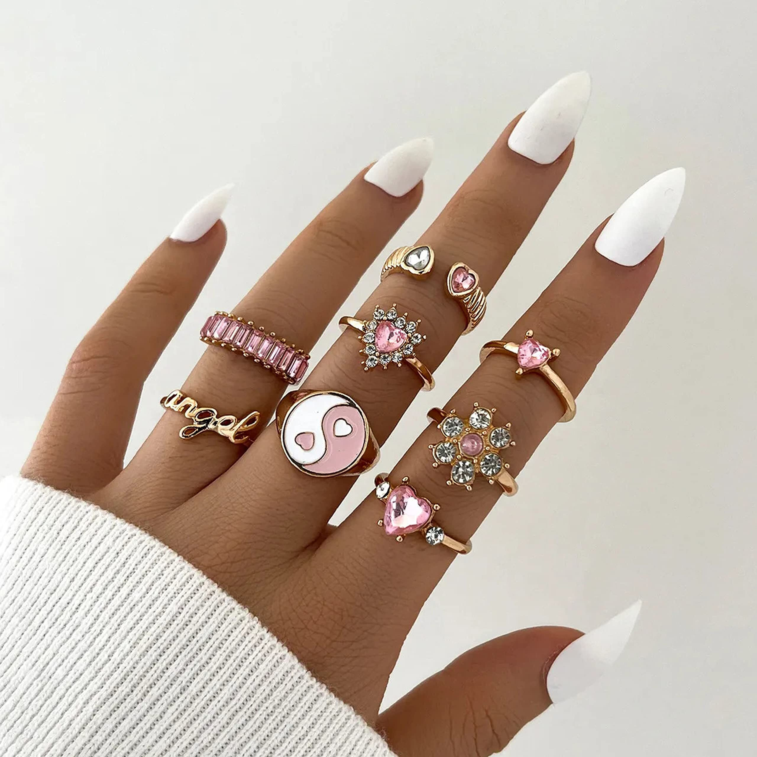 Fashion Frill Ring For Girls Golden Ring AD Studded Heart Multi Designs Gold Plated Boho Ring Finger Ring Set For Women Girls Jewellery Valentine Ring Combo Set