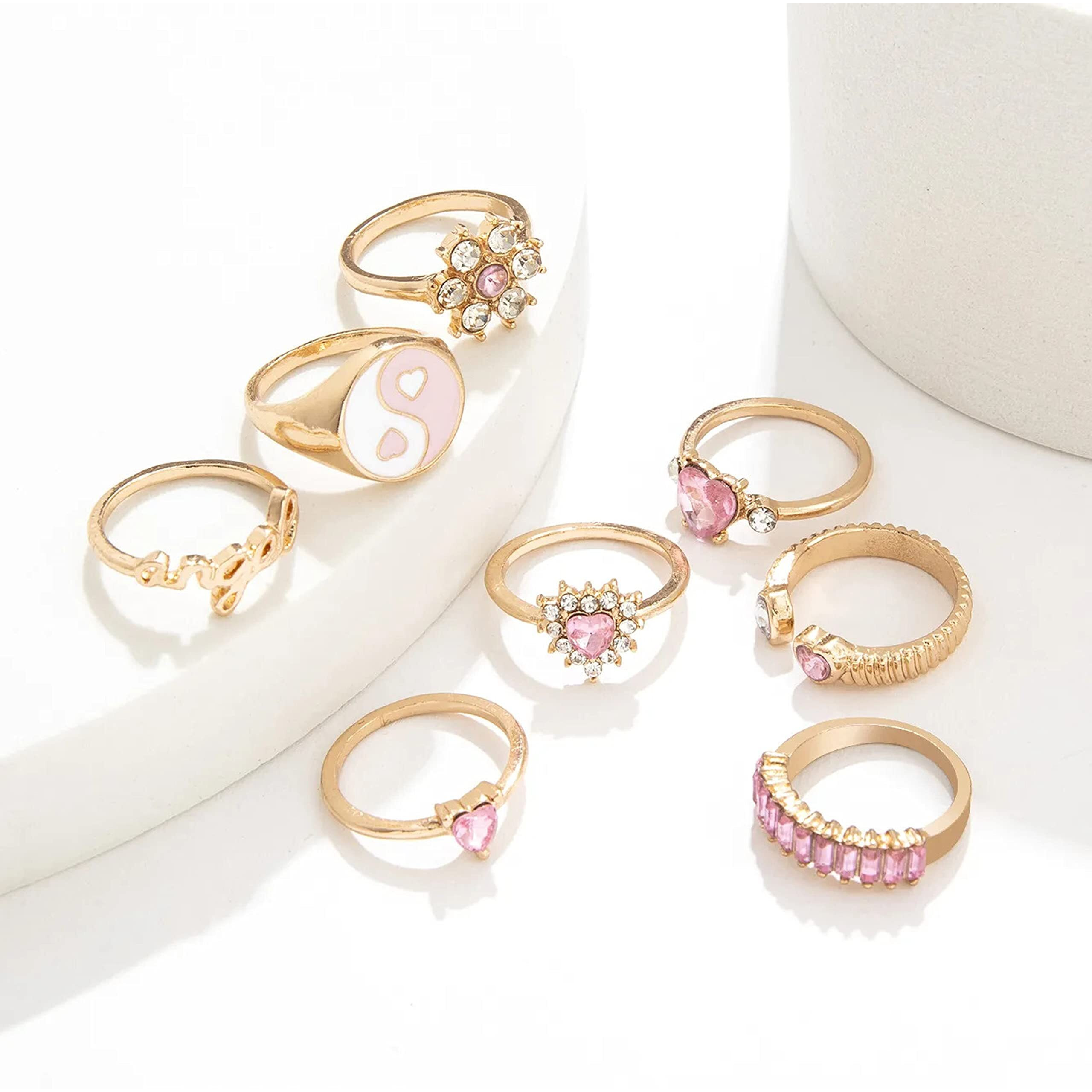 Fashion Frill Ring For Girls Golden Ring AD Studded Heart Multi Designs Gold Plated Boho Ring Finger Ring Set For Women Girls Jewellery Valentine Ring Combo Set