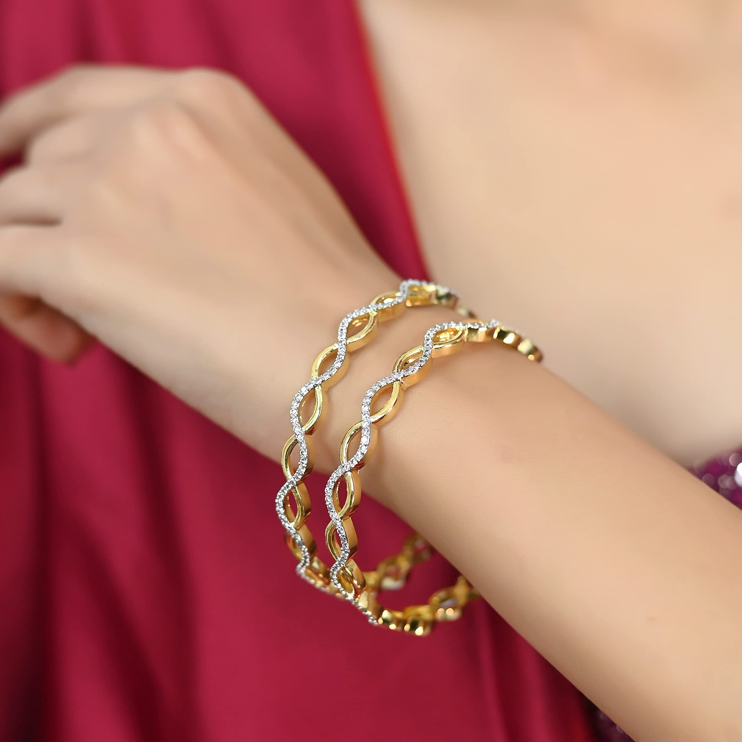 Ratnavali Jewels American Diamond CZ Gold Plated White Solitaire Bangles for Women/Girls RV3204W-2.8