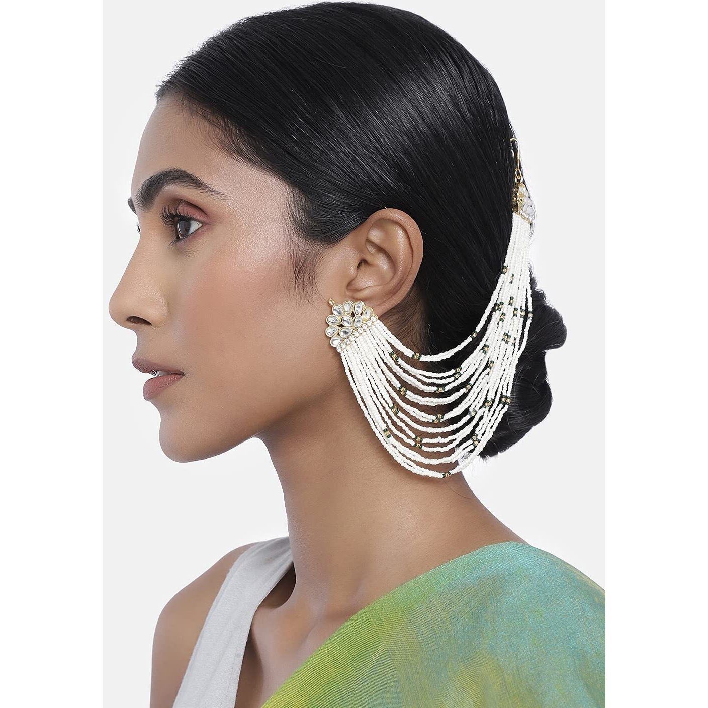 I Jewels 18K Gold Plated Multi Strand Earring with Ear Chain Embellished With Pearl For Women/Girls (E2882G)