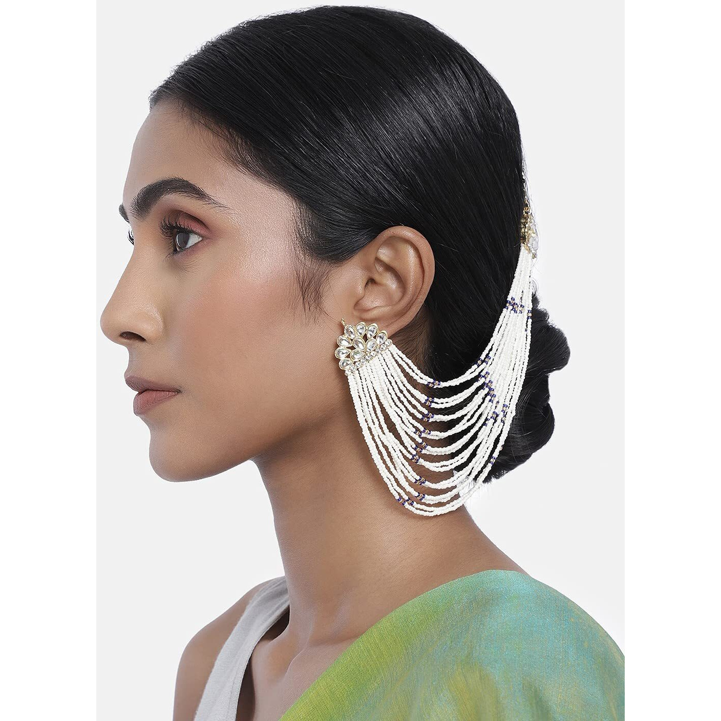 I Jewels 18K Gold Plated Multi Strand Earring with Ear Chain Embellished With Pearl For Women/Girls (E2882Bl)
