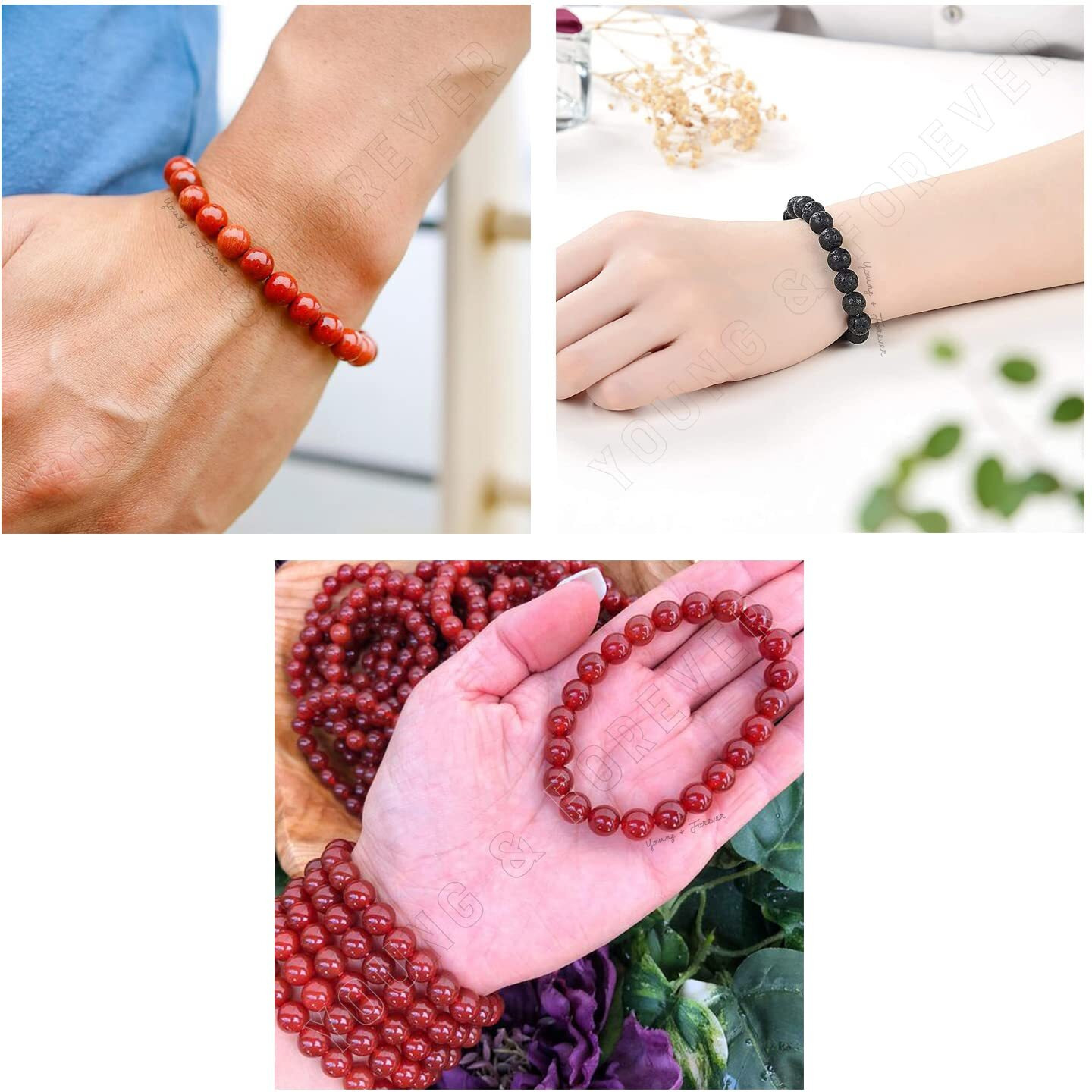 Young & Forever Gift Dvine Spiritual Natural Semi-Precious Red Onyx Red Jasper and Lava Rock Reiki Bracelet for Men and Women Set of 3