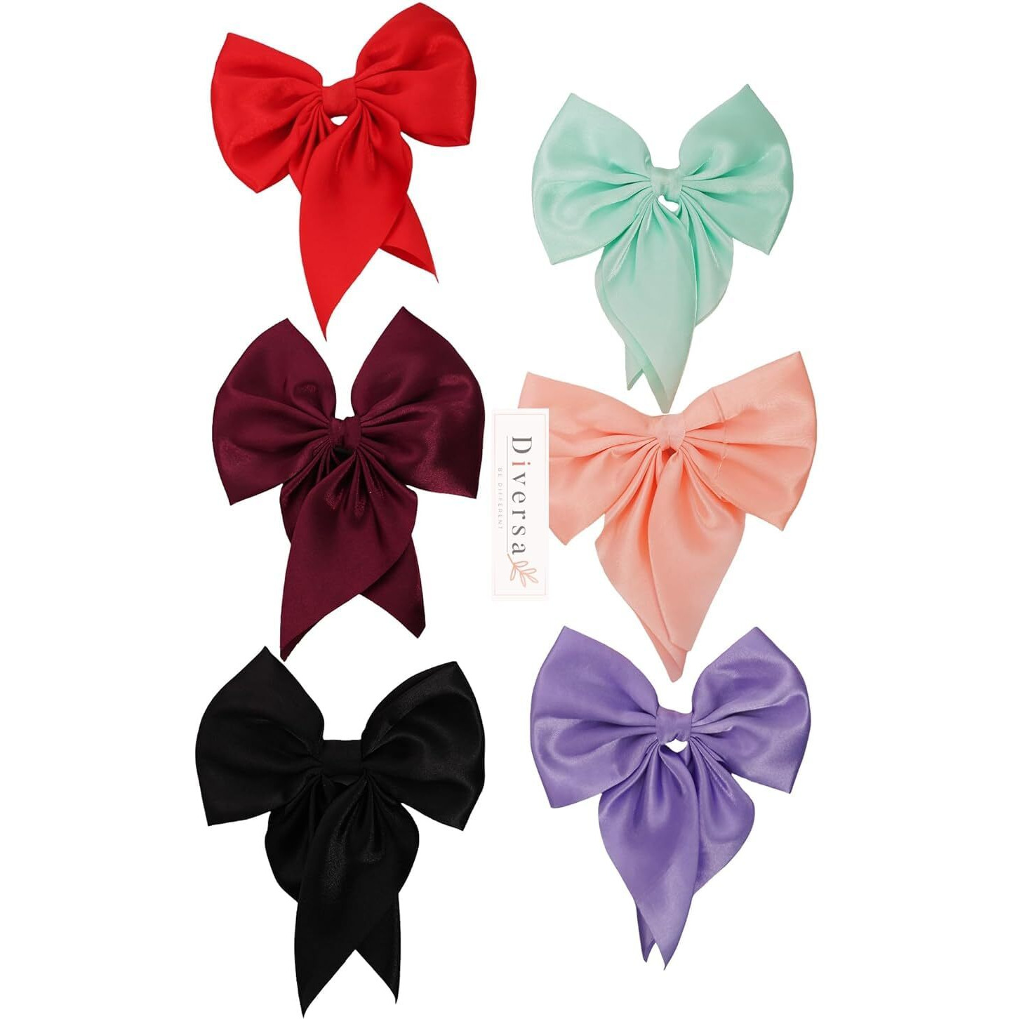 Diversa Large Satin Hair Bows Ties for Girls Women Silk-Stylish French Bow Hair Clip Bowknot Hair Barrettes Big Ribbon Bow with Long Tail (Multicolor) (pack of 12)