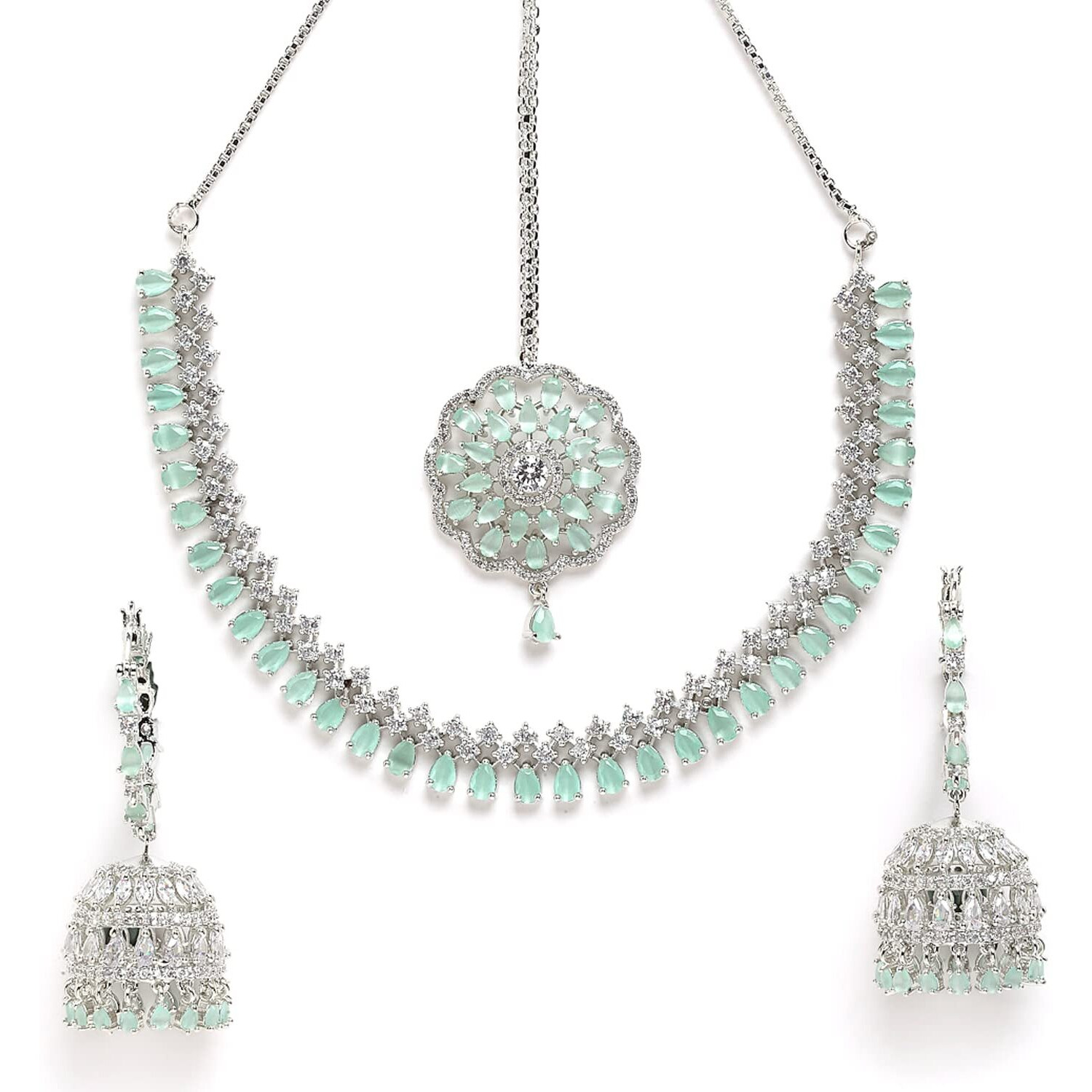 ZENEME Jewellery Sparkling American Diamond Collar Necklace with Designer Jhumka/Jhumki Earrings Maang Tikka for Women and Girls (Mint Green)