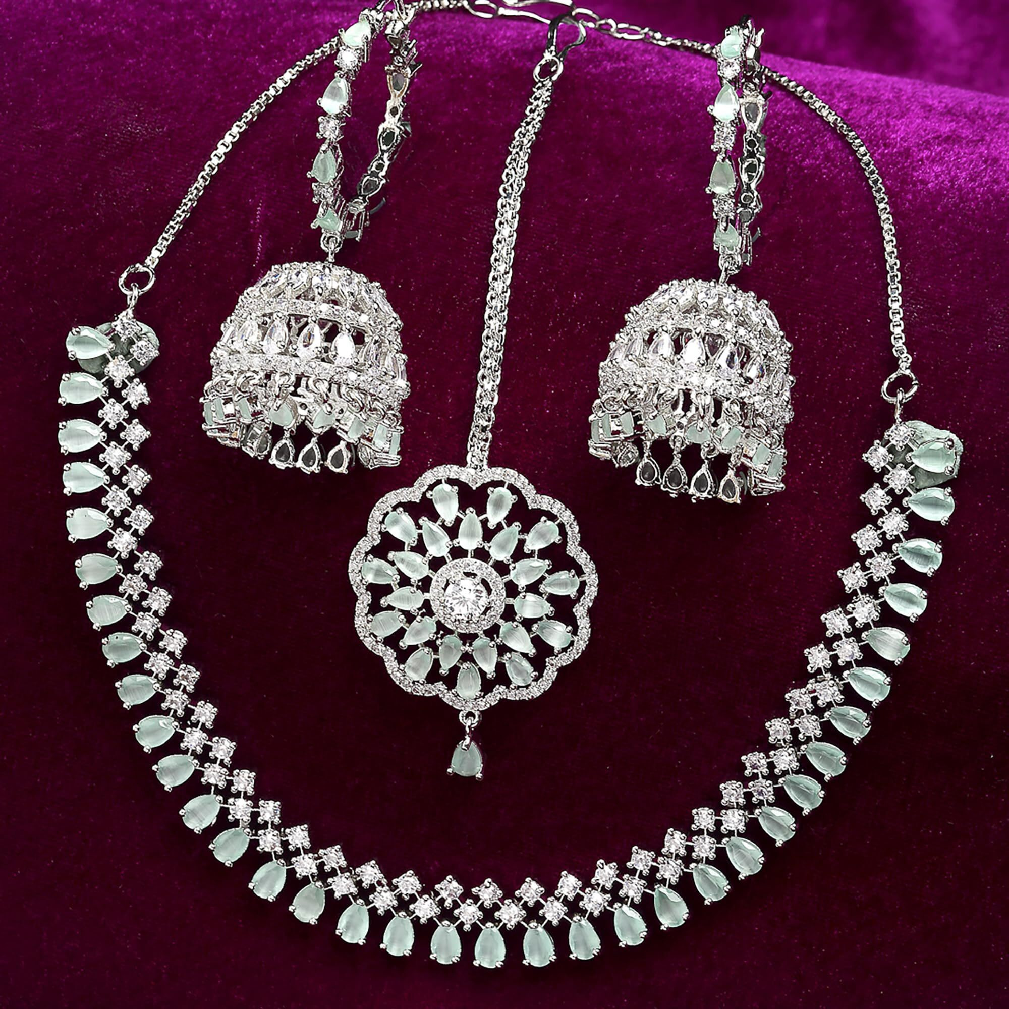 ZENEME Jewellery Sparkling American Diamond Collar Necklace with Designer Jhumka/Jhumki Earrings Maang Tikka for Women and Girls (Mint Green)