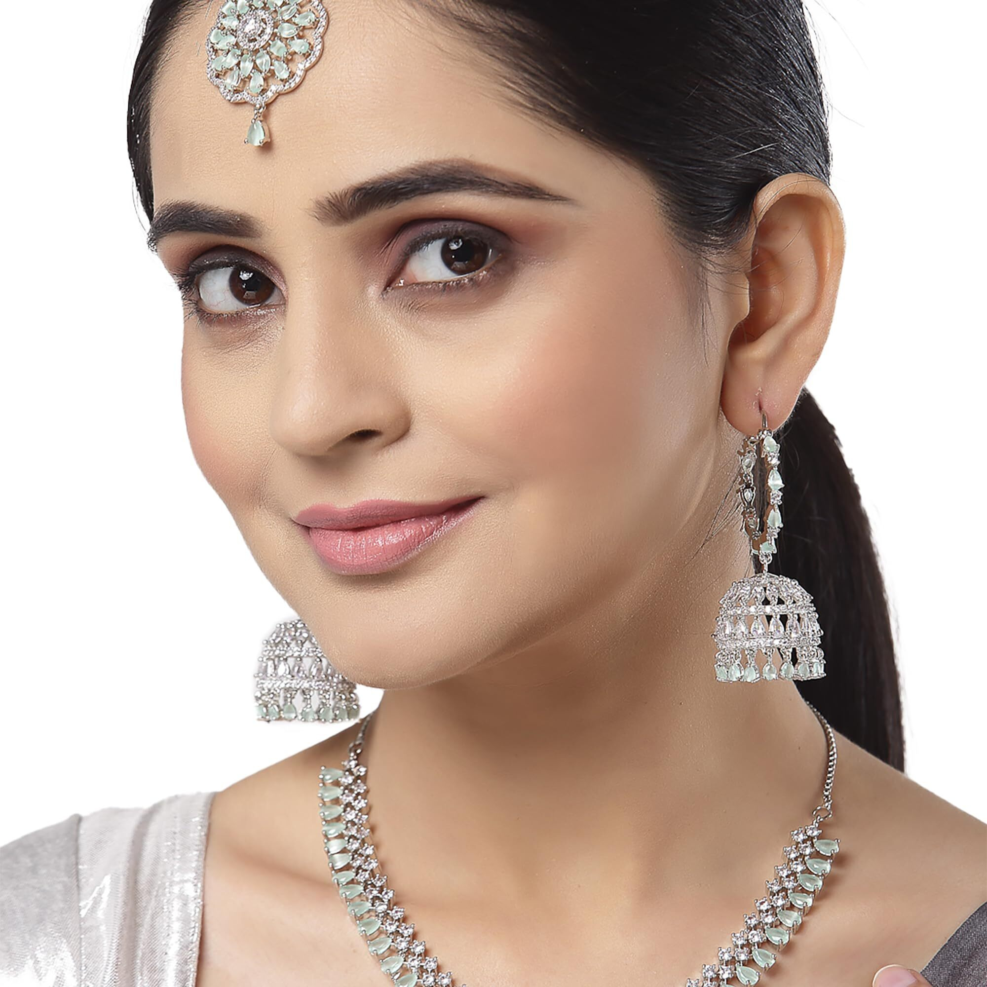 ZENEME Jewellery Sparkling American Diamond Collar Necklace with Designer Jhumka/Jhumki Earrings Maang Tikka for Women and Girls (Mint Green)