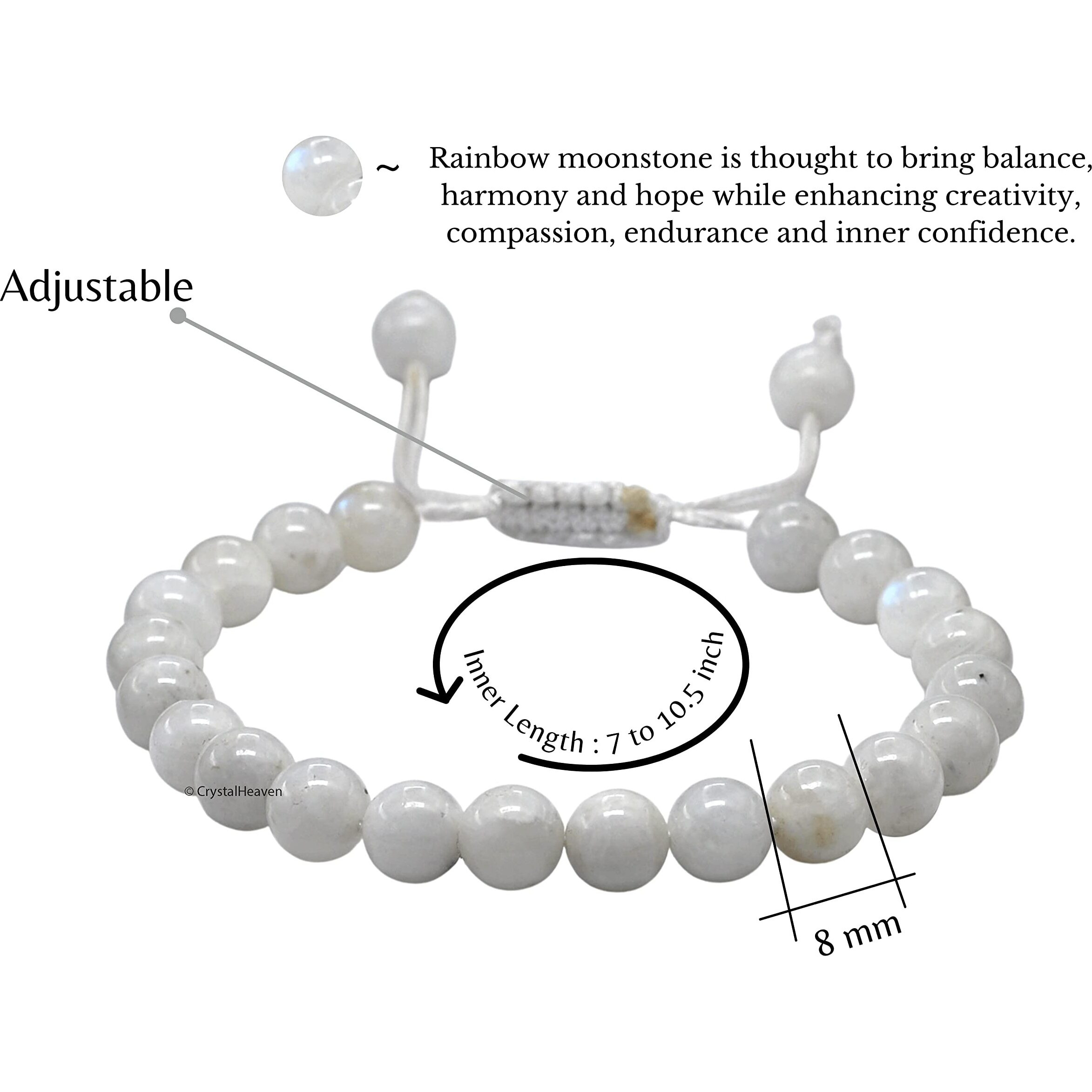 Certified Natural Healing Rainbow Moonstone Crystal Bracelet for Women Men - AAA Grade Original Healing Gemstone Adjustable Bracelet for Yoga Reiki Meditation Feng Shui