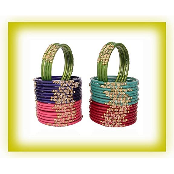 NMII Glass with Zircon Gemstone and Beads Studded Glossy Finished Bangles Set for Women and Girls,(Multicolour-G387_2.2 Inches) Pack Of 40 Bangle Set