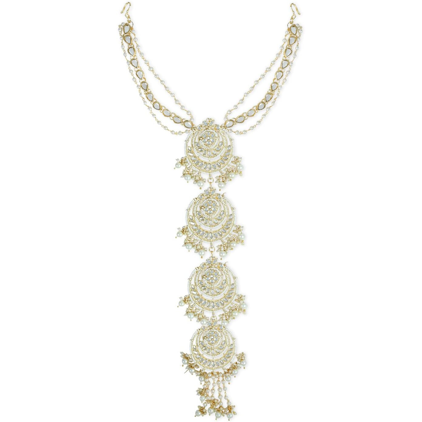 I Jewels Gold Plated Traditional Handcrafted White Kundan and Pearl Studded Paranda/Hair Braid Pin Choti For Bridal Perfect for Wedding (T2096W)