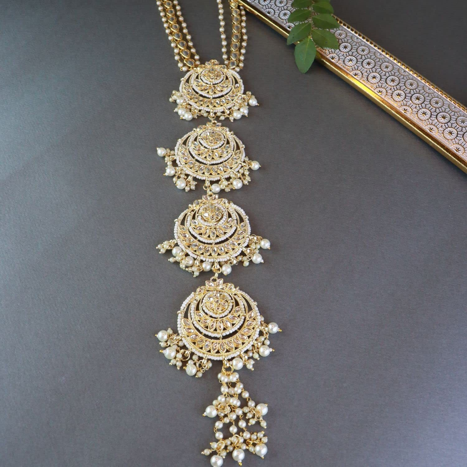 I Jewels Gold Plated Traditional Handcrafted White Kundan and Pearl Studded Paranda/Hair Braid Pin Choti For Bridal Perfect for Wedding (T2096W)