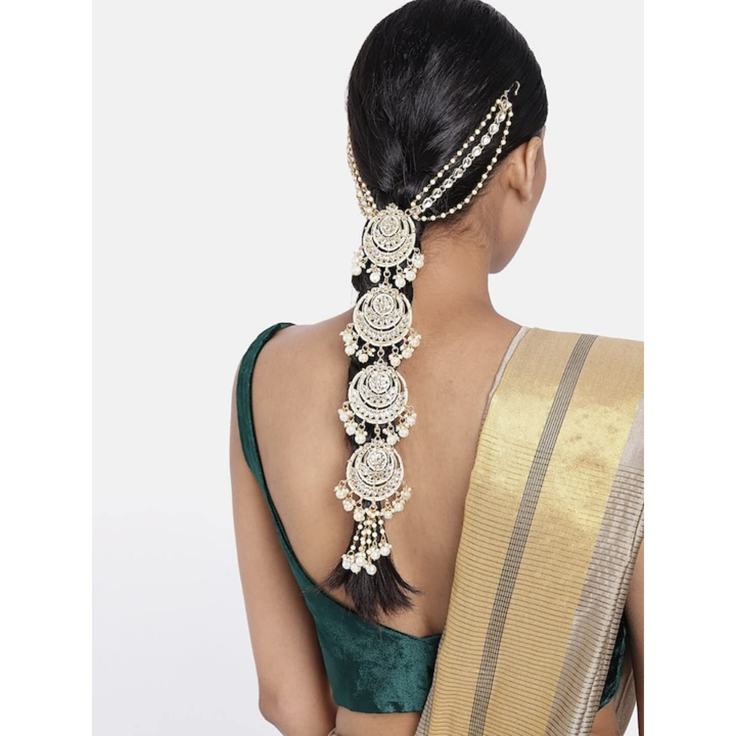 I Jewels Gold Plated Traditional Handcrafted White Kundan and Pearl Studded Paranda/Hair Braid Pin Choti For Bridal Perfect for Wedding (T2096W)