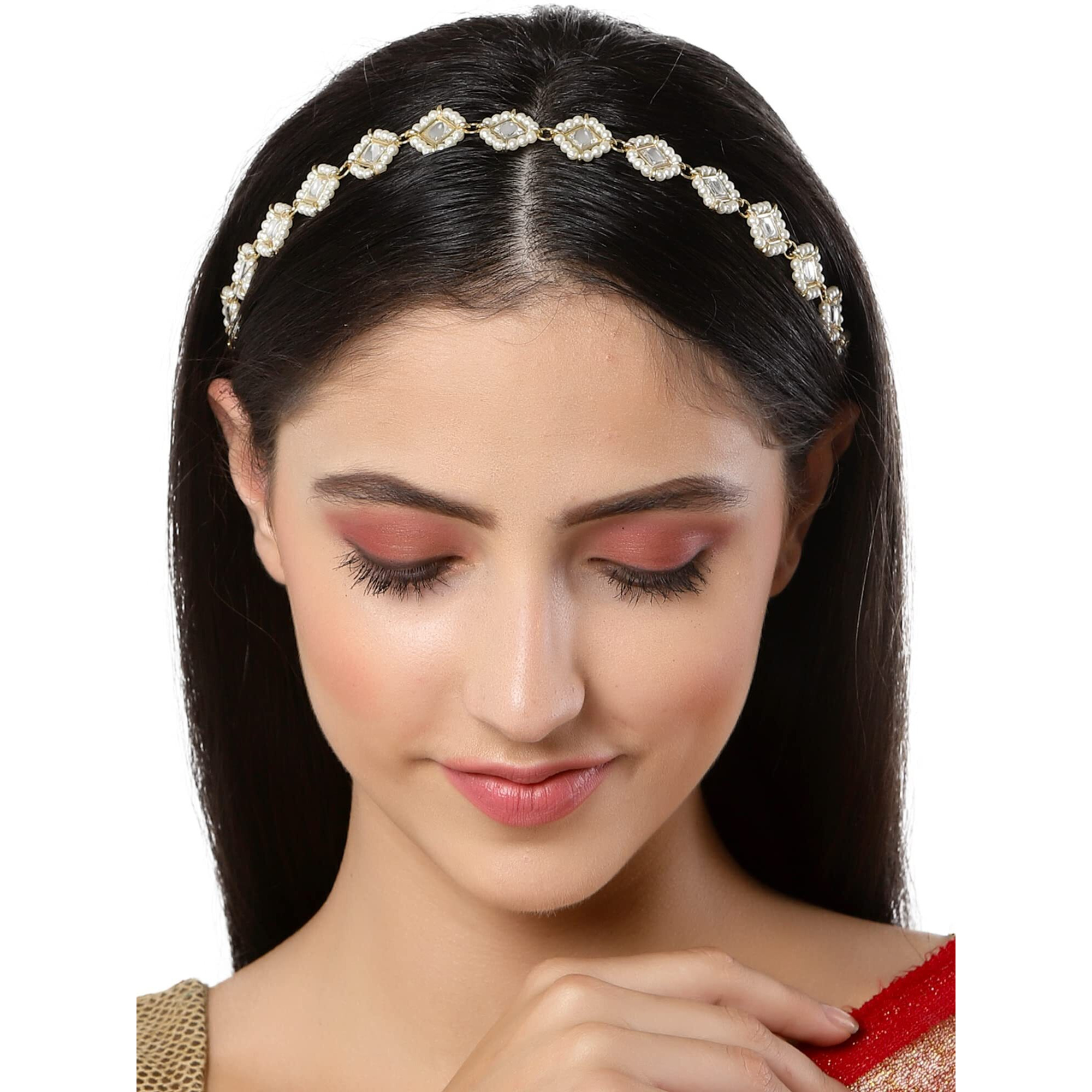 Karatcart Gold Plated Pearl Beaded Kundan Hairband for Women