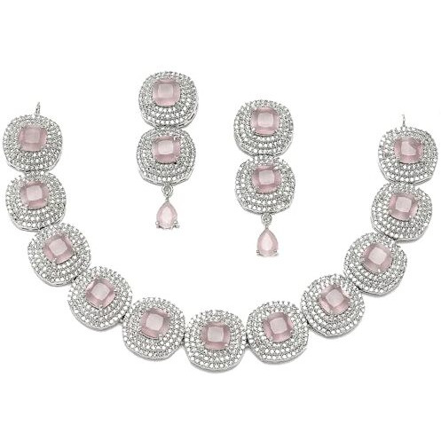 ZENEME Rhodium Plated Silver Toned Triangular Shaped American Diamond Studded Jewellery Set For Women and Girl (Pink_Design_02)
