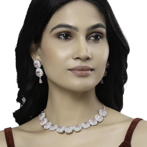 ZENEME Rhodium Plated Silver Toned Triangular Shaped American Diamond Studded Jewellery Set For Women and Girl (Pink_Design_02)