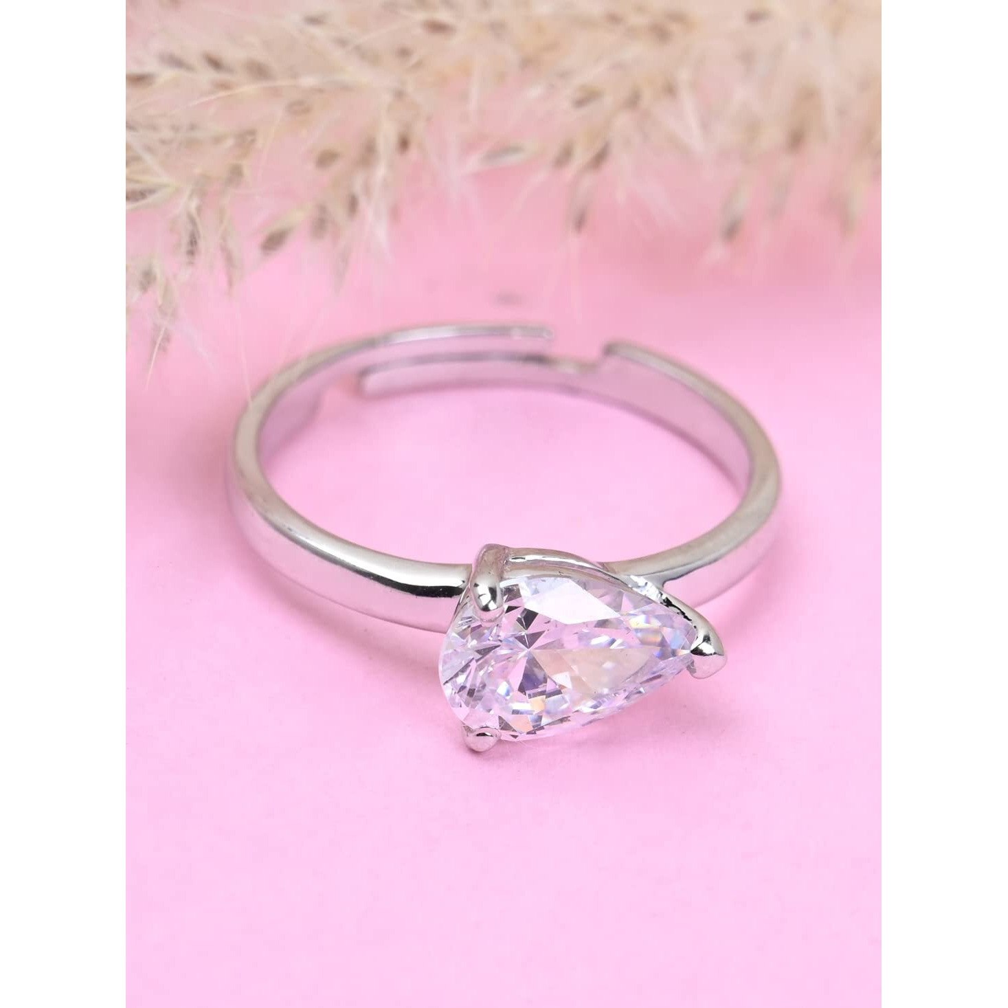 Clara Pure 925 Sterling Silver Pear Classic Finger Ring with Adjustable Band | Gift for Women Girls Wife Girlfriend | Swiss Zircon Rhodium Plated