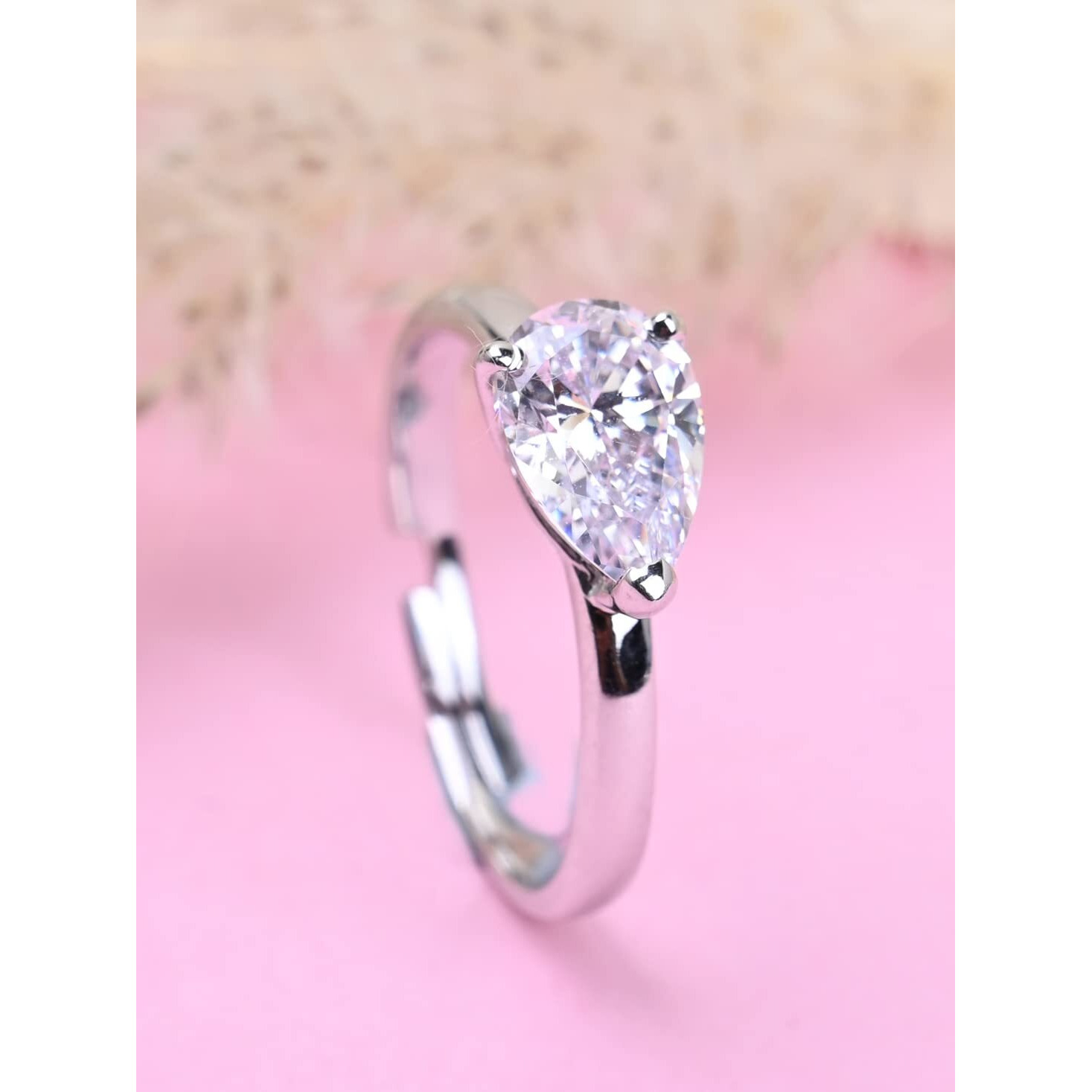 Clara Pure 925 Sterling Silver Pear Classic Finger Ring with Adjustable Band | Gift for Women Girls Wife Girlfriend | Swiss Zircon Rhodium Plated