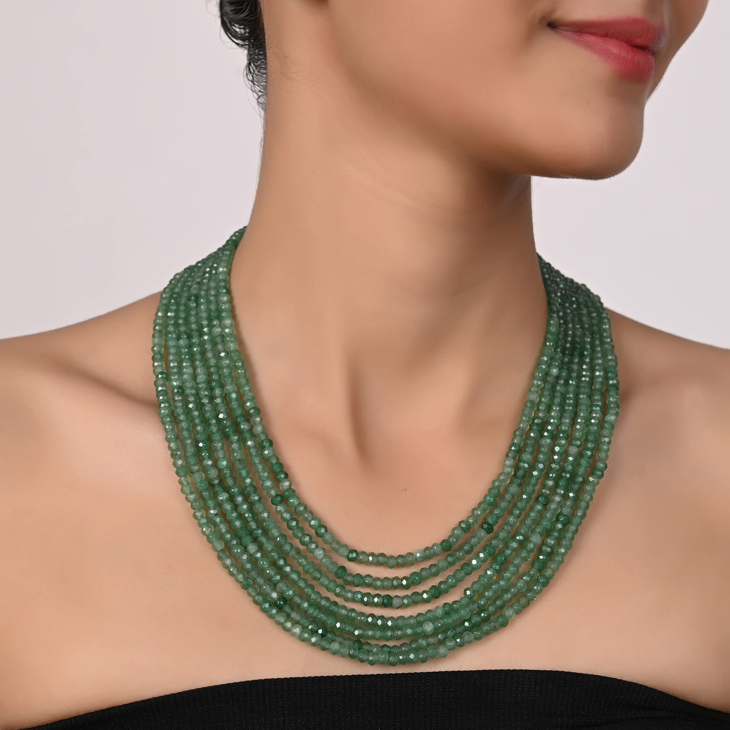 Ratnavali Jewels Seven Layer Real Emerald Parrot Green Onyx Stone Beads Necklace for Women and Girls RV2223PG-7
