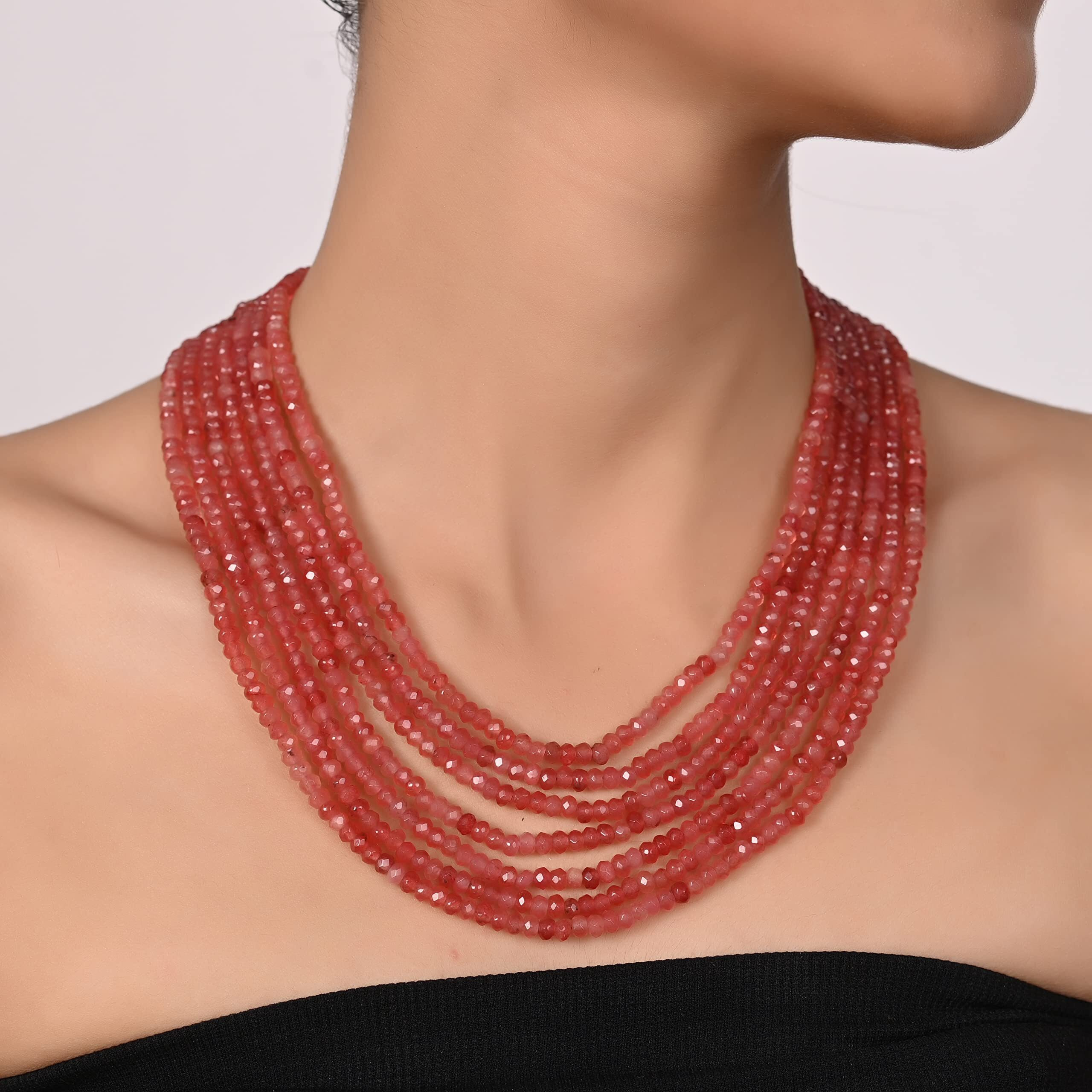 Ratnavali Jewels Seven Layer Real Sapphire Pink Onyx Stone Beads Necklace for Women and Girls RV2223P-7