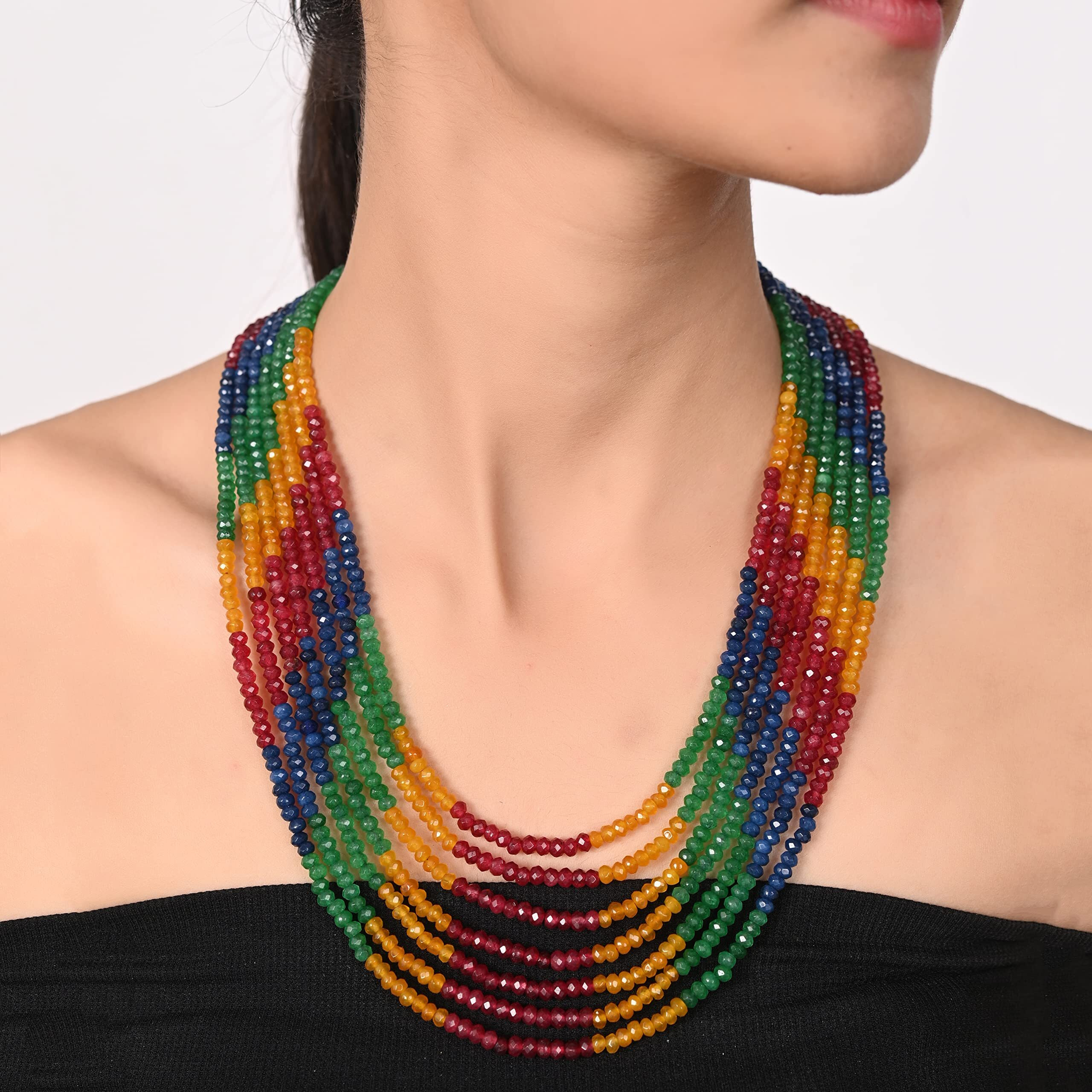 Ratnavali Jewels Seven Layer Real Multi Red Blue Sapphire Onyx Stone Beads Necklace for Women and Girls RV2223B-7