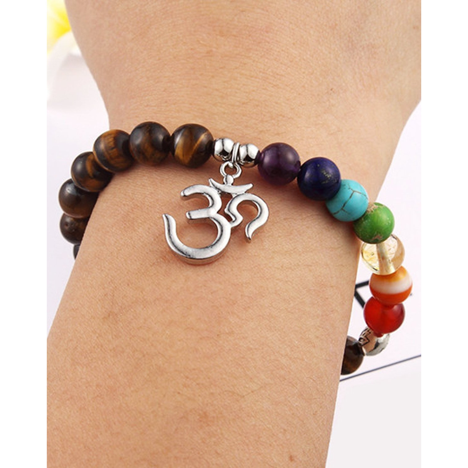 Young & Forever Gift Valentines Gifts Special Dvine Lava Stone 7 Chakra Hamsa Hand Evil Healing Yoga Beads Strand Bracelet for Women and Men (Tigers Eye and Om)