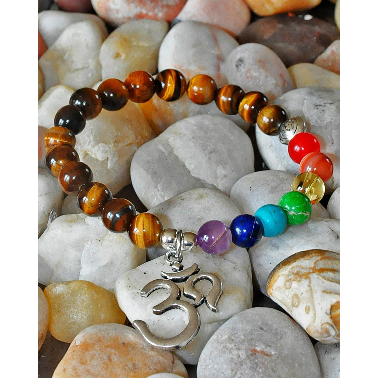 Young & Forever Gift Valentines Gifts Special Dvine Lava Stone 7 Chakra Hamsa Hand Evil Healing Yoga Beads Strand Bracelet for Women and Men (Tigers Eye and Om)
