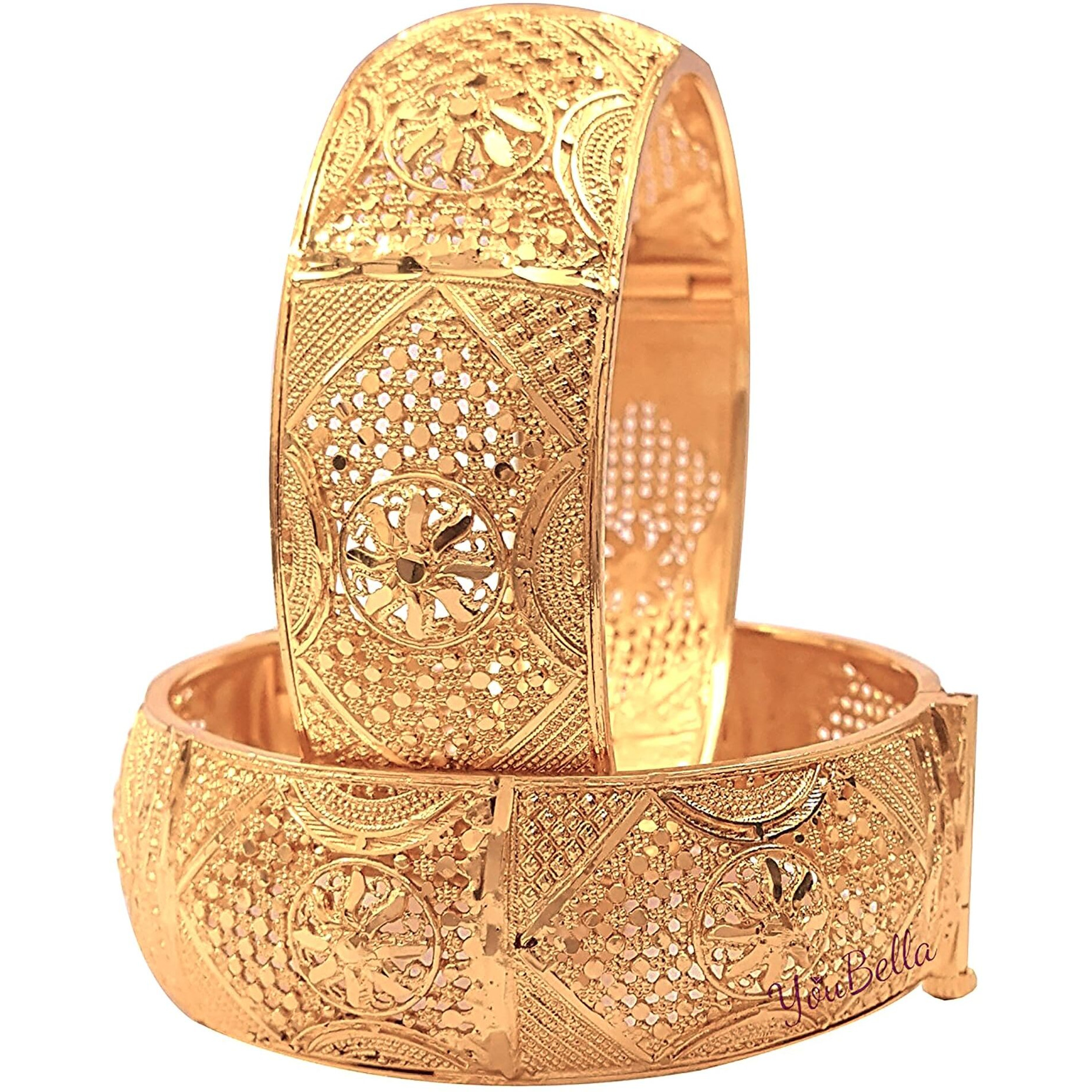 ZENEME Bangle Gold Plated Copper Brass Alloy Traditional & heavy look in Golden Broad Kada Set Of 2 Bangle Jewellery For Girl and Women (2.6).