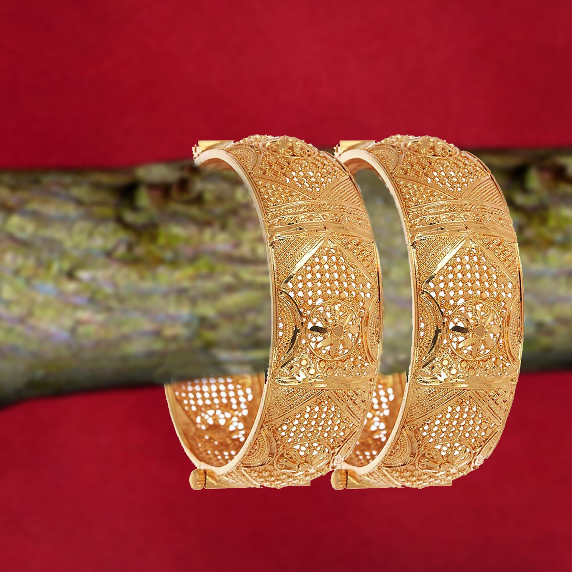 ZENEME Bangle Gold Plated Copper Brass Alloy Traditional & heavy look in Golden Broad Kada Set Of 2 Bangle Jewellery For Girl and Women (2.6).
